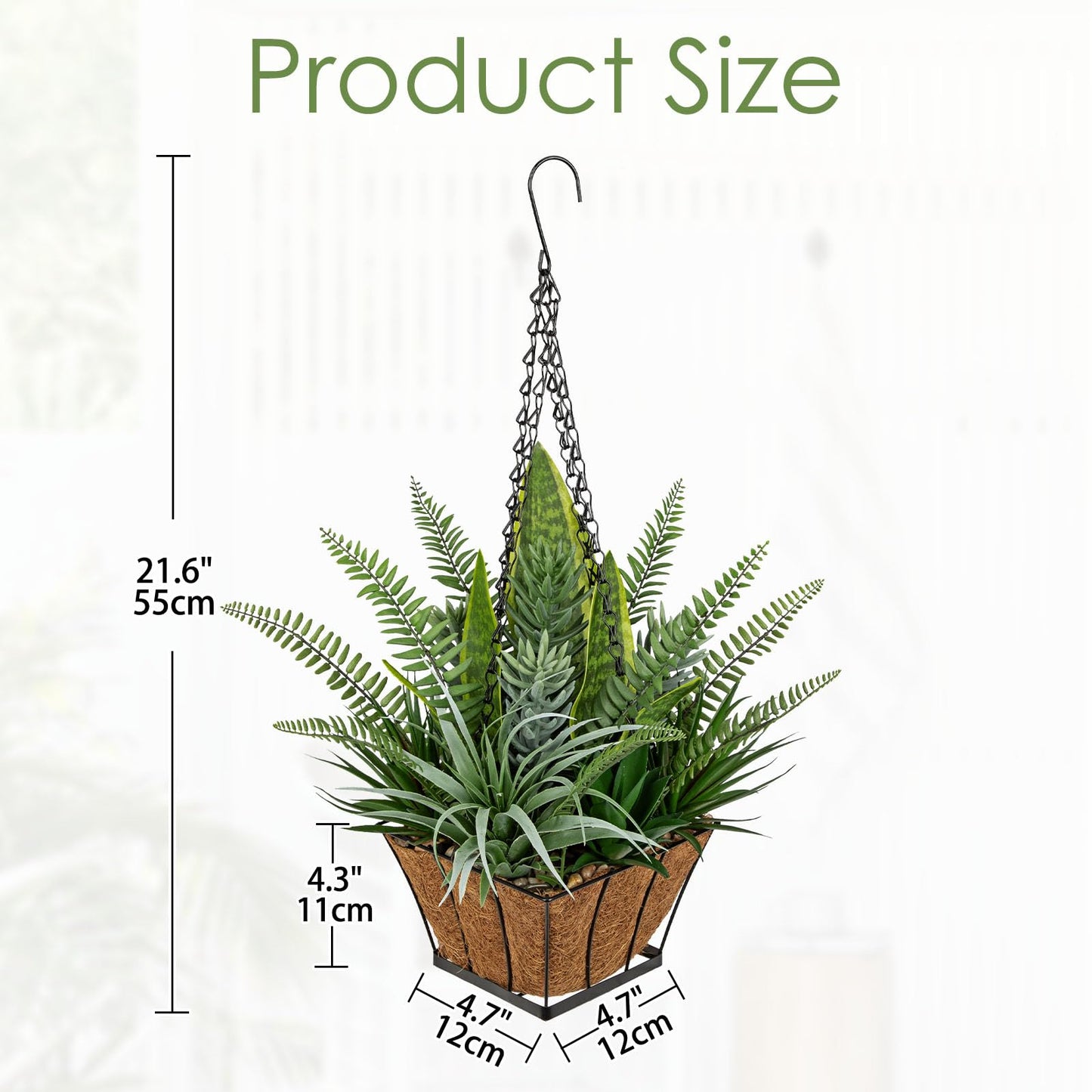 DILATATA Artificial Hanging Plants Basket, Faux Snake Plants Fern Succulent Mix with Coconut Fiber Liner, Fake Hanging Plant with Chain Hook for Indoor Outdoor Porch Patio Balcony Home Décor