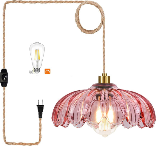 QIYIZM Pink Plug in Pendant Light Glass Hanging Lights with Plug in Cord Boho Hanging Lamp Gold Mid Century Modern Vintage Dimmable Flower Plug in Chandelier Ceiling Fixture for Living Room,Bedroom