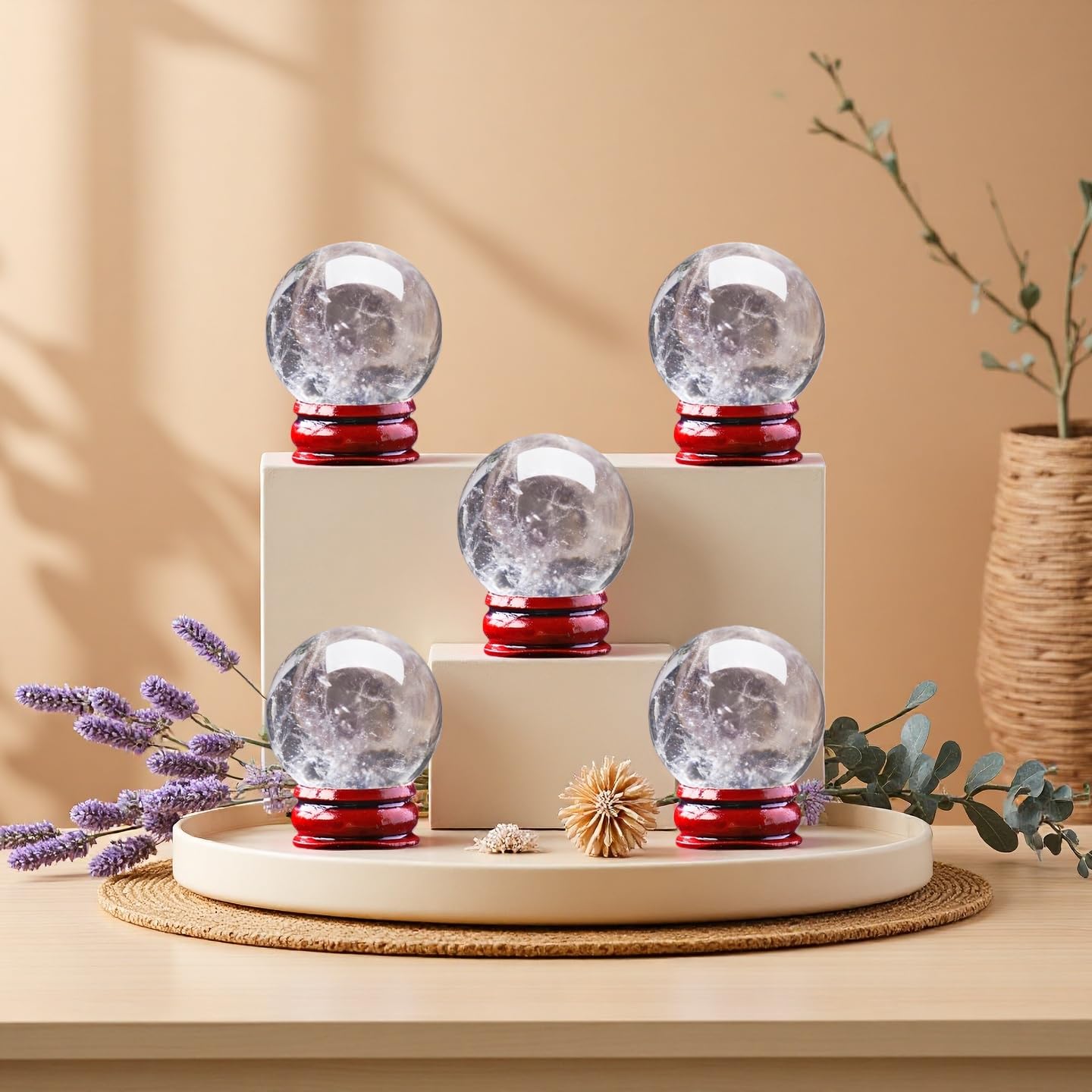 DUKIZA Natural Clear Quartz Crystal Sphere with Stand，5PC Real Crystals Ball, Clear Quartz Small Ball Decor (Clear Quartz Ball)
