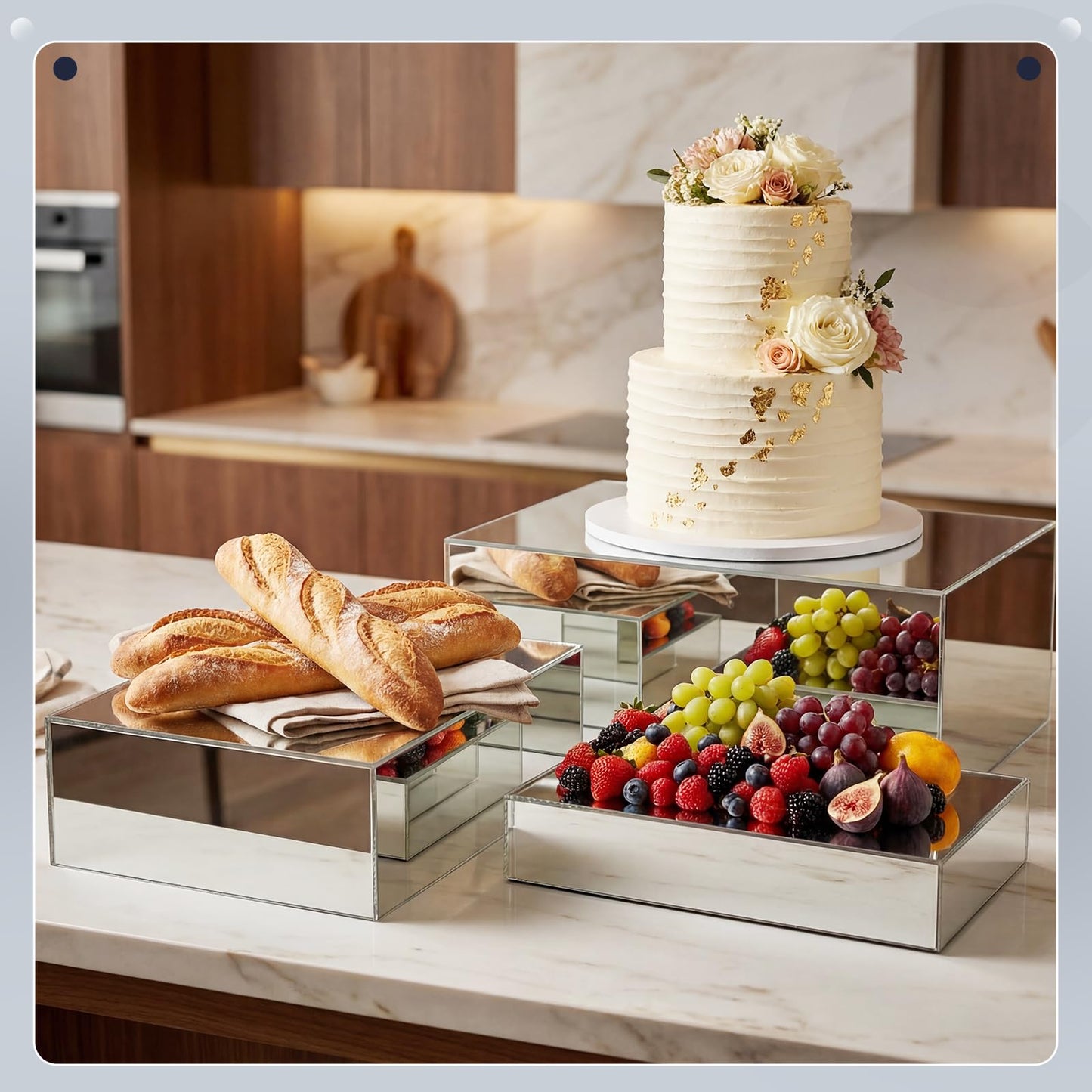 BrightRow 3 Pack Extra Large Acrylic Risers - 14”, 12”, 10” Silver Display Stands with Hollow Bottoms, Cube Buffet Riser Boxes Nesting for Dessert Food Catering Buffet Display Party Supplies