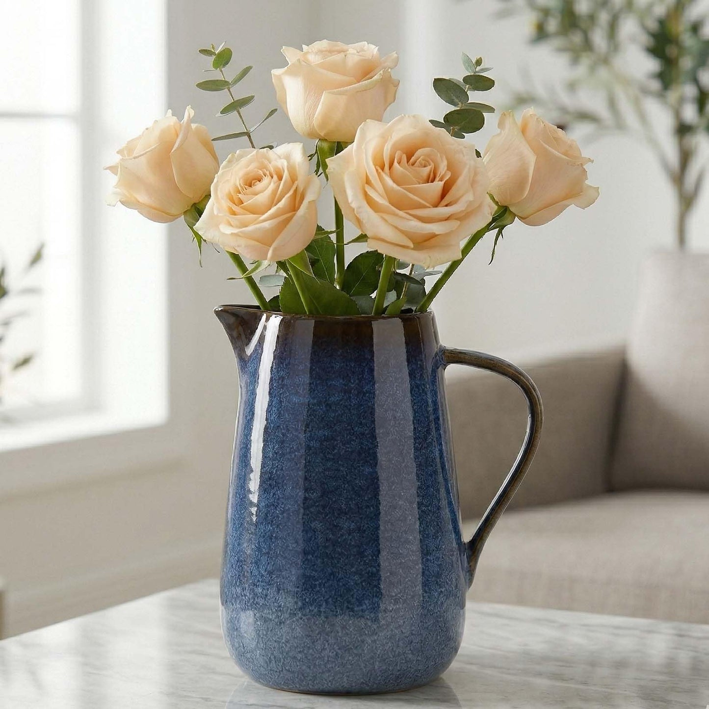 Blue Ceramic Pitcher Vase, Water Pitchers with Handle,For Modern Rustic Farmhouse Vase Home Decor,Cute Small Ceramic Vases,Entrance Decoration and Centerpieces for Dining Table Decor (Blue)