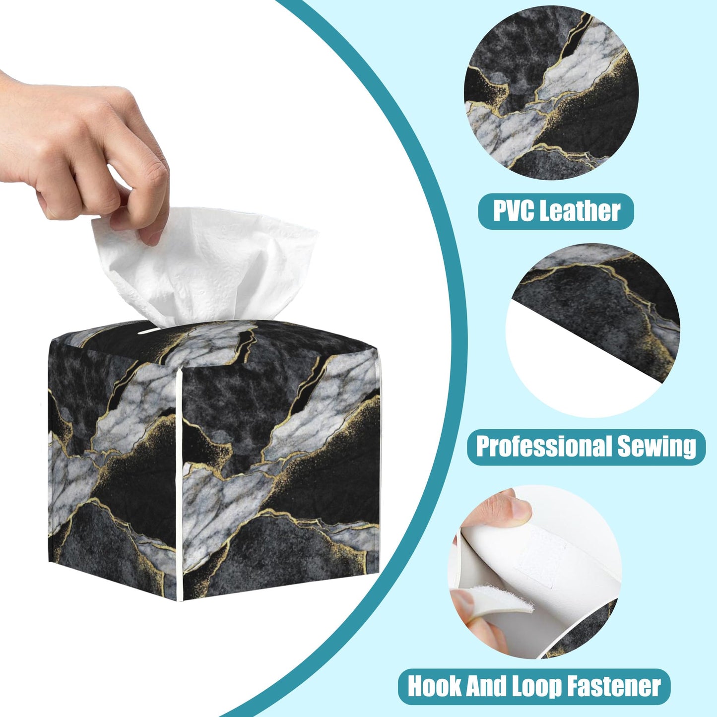 Black White Marble Tissue Box Cover Square,Golden Veins Leather Tissue Holder with Bottom Belt,Facial Paper Organizer Tissue Box Cover for Home Office Bathroom Vanity Countertop,5.2" x 5.2" x 5.2"