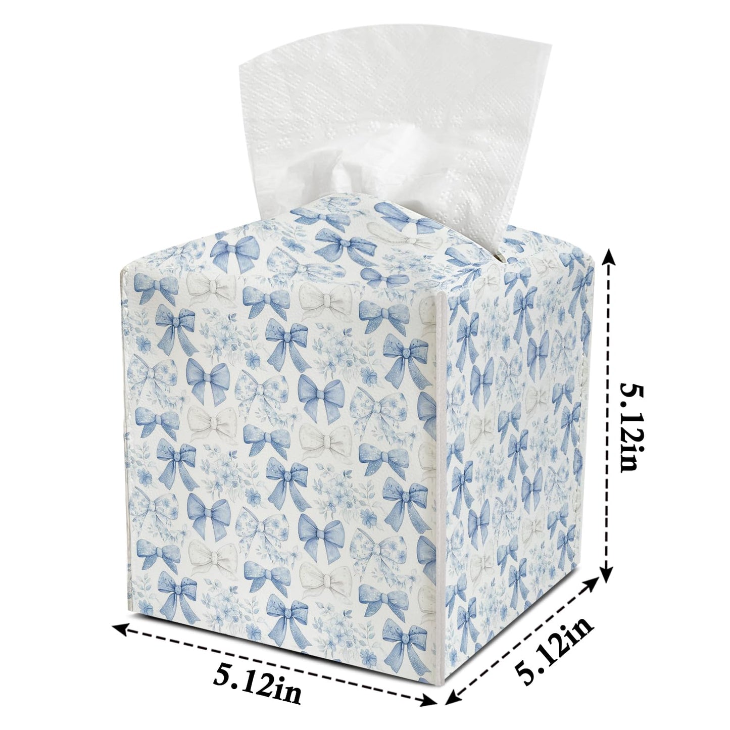 Blue Bows Floral Tissue Holder Square with Bottom Belt Elegant Leather Decorative Box Cover for Bathroom Car Office Ideal for Women Friends Mom Bestie Birthday Christmas Housewarming Gifts - FS688