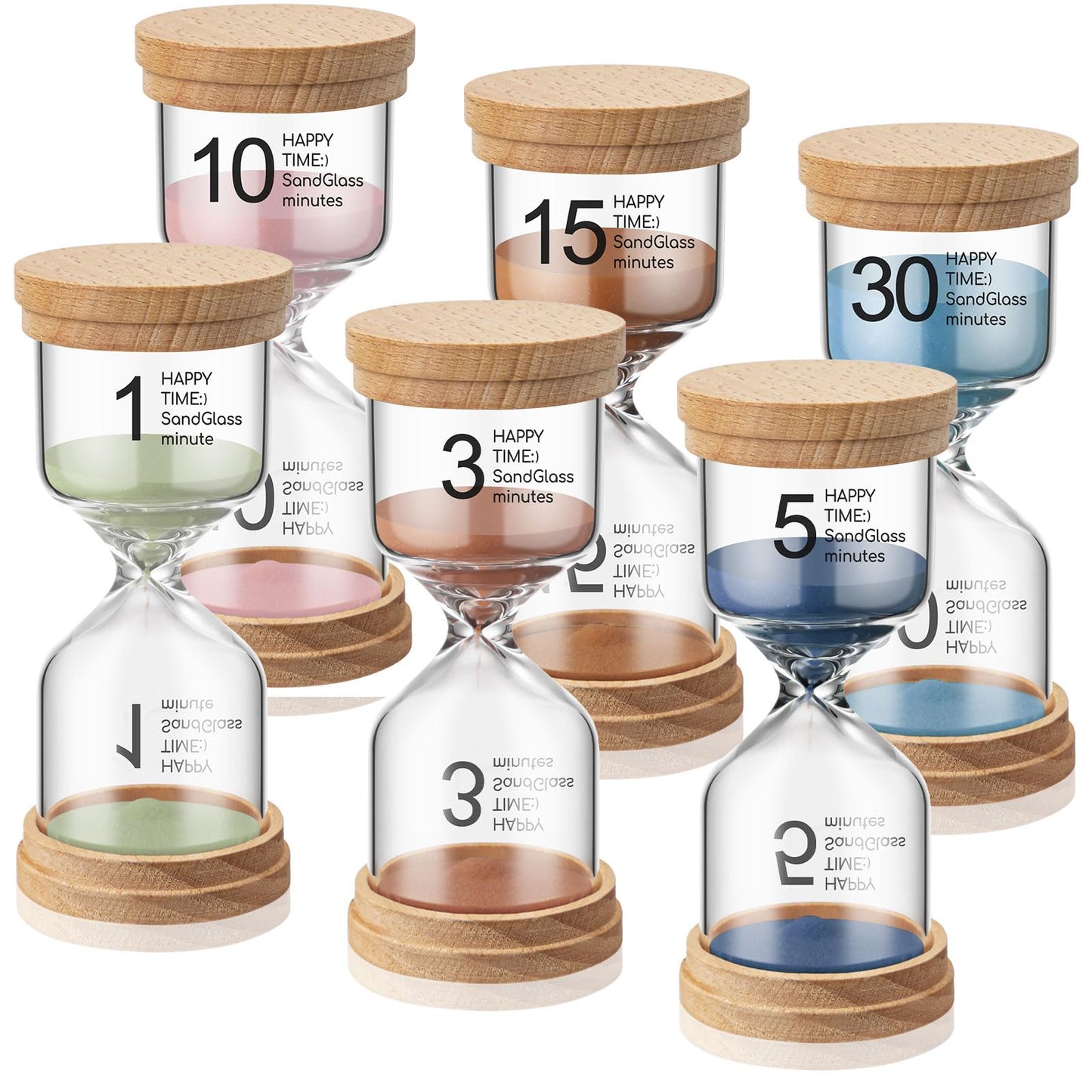 Kingdder Pack of 6 Wooden Sand Timer Set Operation Christmas Earthy Colorful Hourglass Timer Sandglass 1/3/5/10/15/30 Minutes Sand Clock Gift for Back to School Classroom Office Kitchen Cooking Home