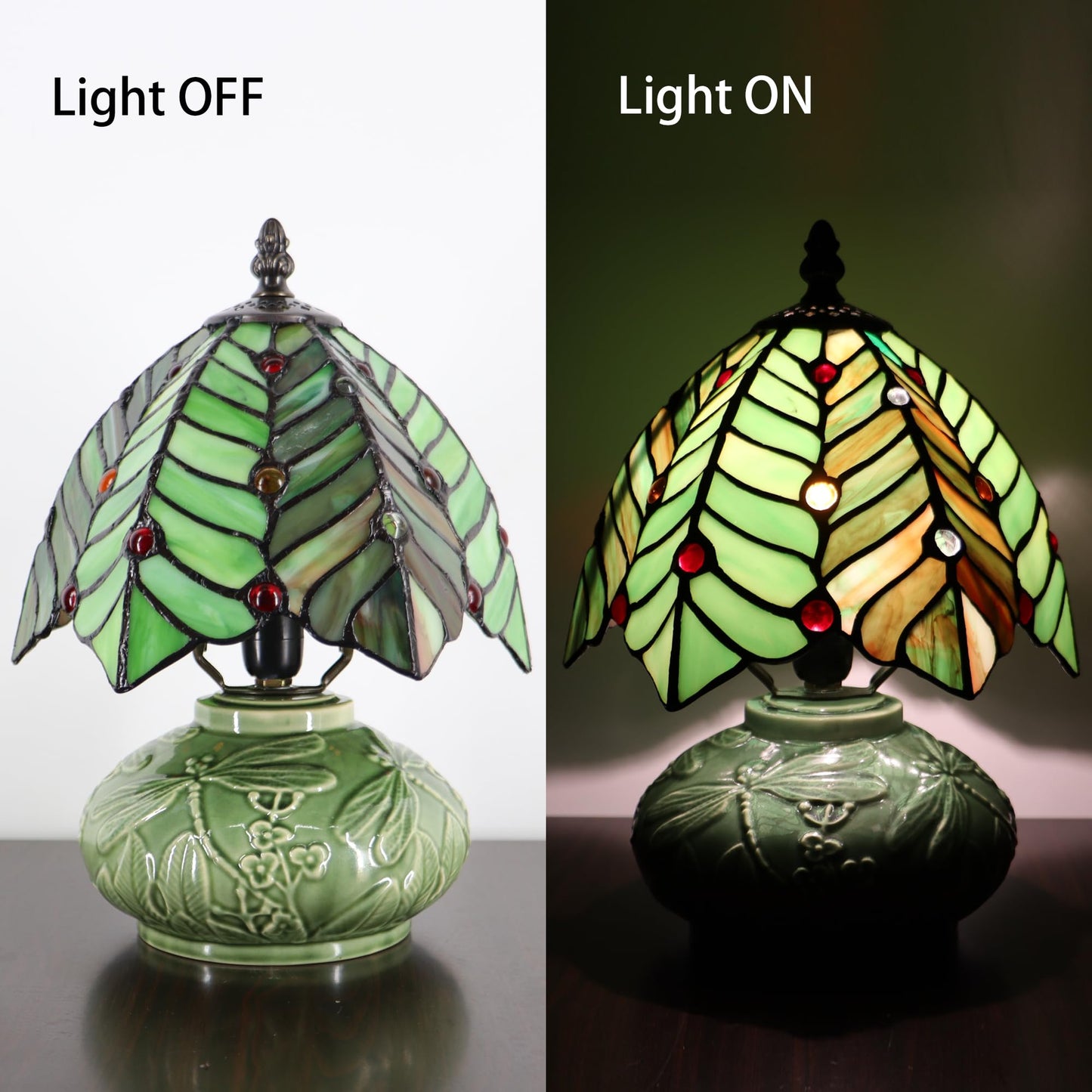 LXHCYOU Small Tiffany Lamp Mushroom Table Lamp, Mini Stained Glass Desk Light Memory Sympathy Ceramic lamp 8X11 Inch (Brown Green Leaf)