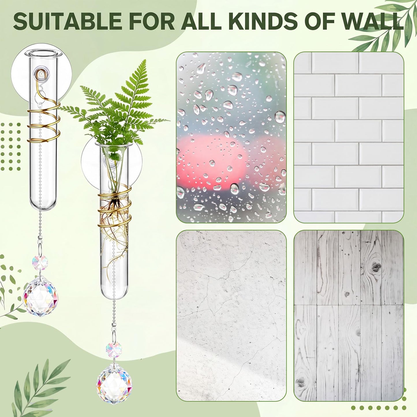 Zhehao 4 Set Window Hanging Propagation Stations 5.9'' Plastic Propagation Vases with Suction Cup & Crystal Pendants, Propagated Plant Holder Wall Jars for Home Office Garden Decoration Lover Gift