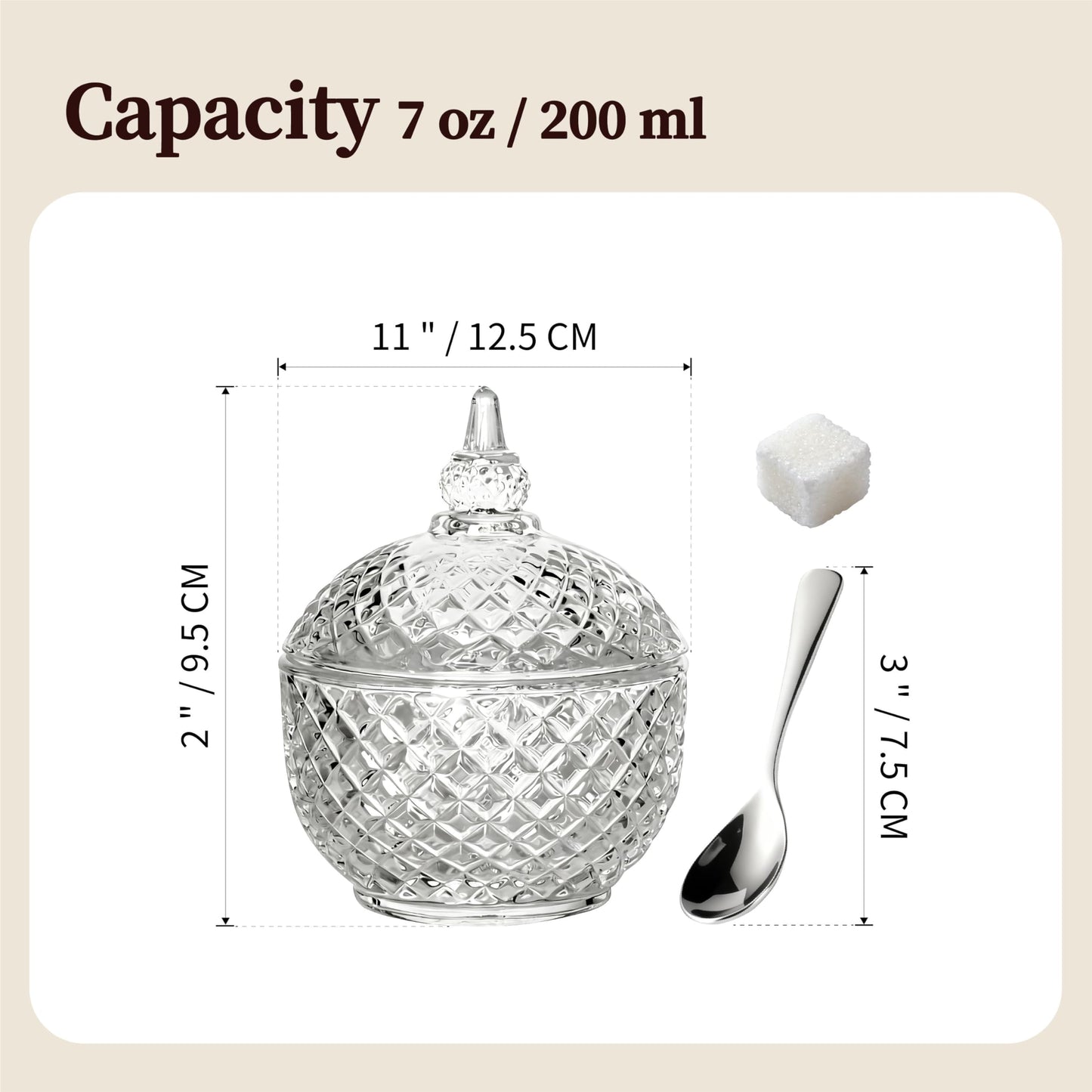seicasaya 7 oz Crystal Glass Salt Cellar with Lid and Stainless Steel Spoon for Kitchen Seasoning (Ball shape)