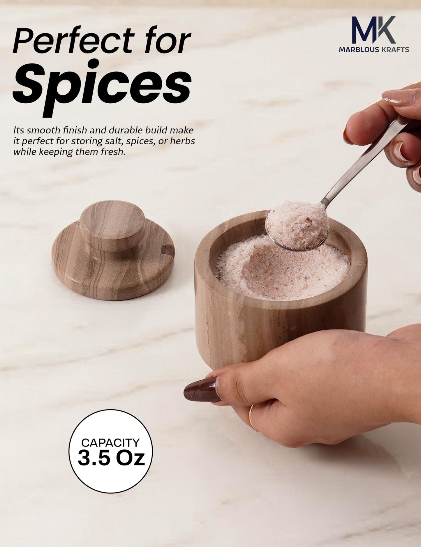 MARBLOUS KRAFTS Marble Salt Cellar with Lid & Spoon 3" Brown Small Flaky Salt Box and Sugar Jar for Spice Storage on Countertop, Kitchen Seasoning Container, Ideal Mother’s Day Gift for Mom