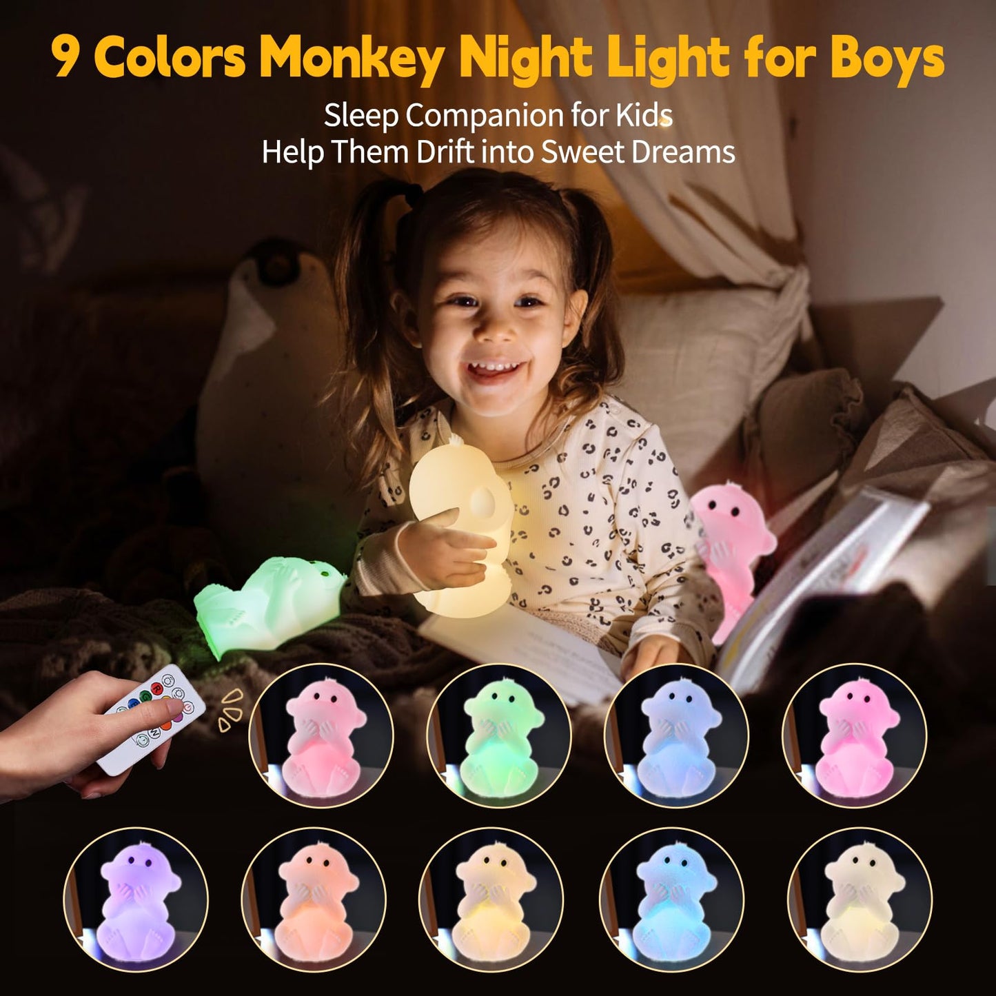 GAGBC Monkey Night Light for Kids, Remote & Tap Control, Color Change, 15/30/60 Min Timer, Dimmble, USB-C Rechargeable Squishy Night Light, Cute Night Lamp for Boys, Girls (Monkey)