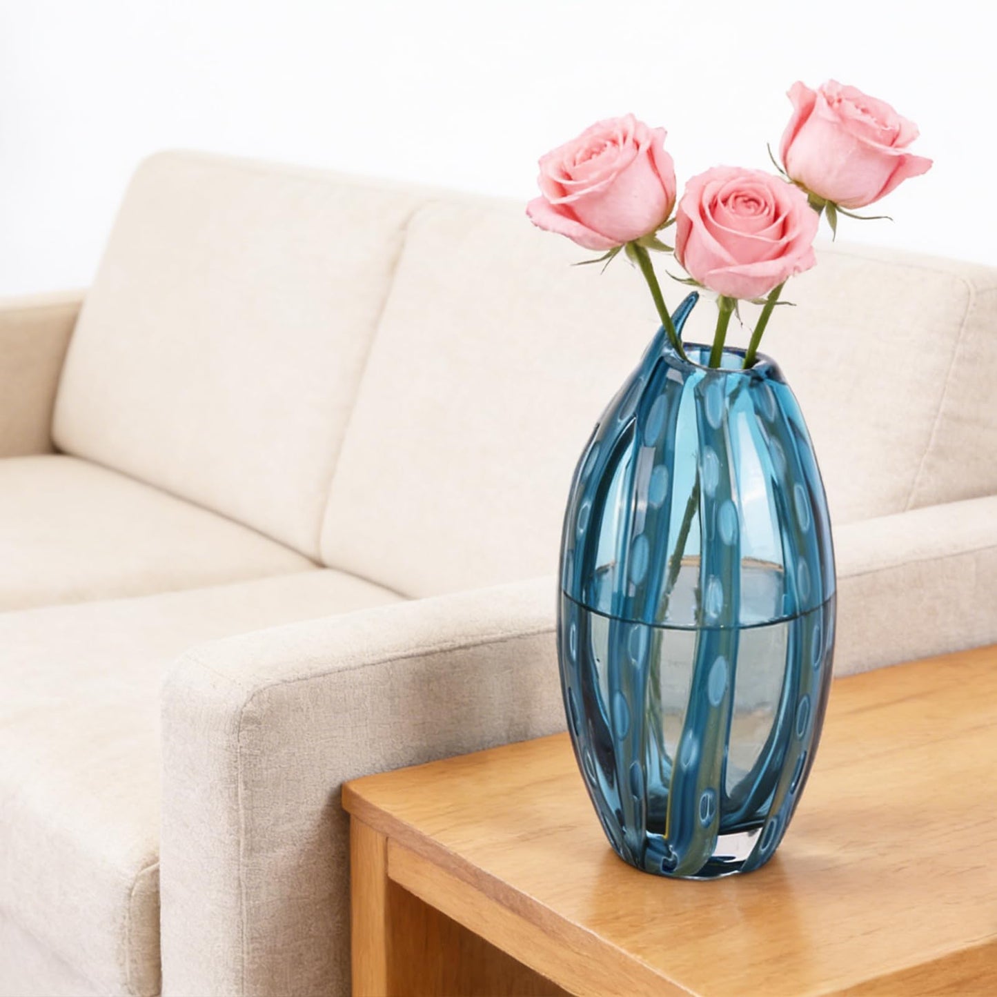 11.81in Hand Blown Blue-Green Glass Vase (White Dots) | vases Home Decor, Dining Room Table Decor, Blue vase, Glass Flower vase, Flower vase Unique Decorative Vase, Table Vase