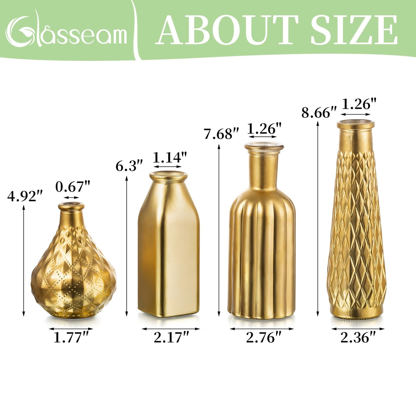 Glasseam Gold Glass Vase, 8pcs Cylindrical Home Decor, Antique Art Deco Style, Holds Water, Gold Electroplating Finish, Living Room Kitchen Bathroom Bedroom Decor, Table Centerpieces