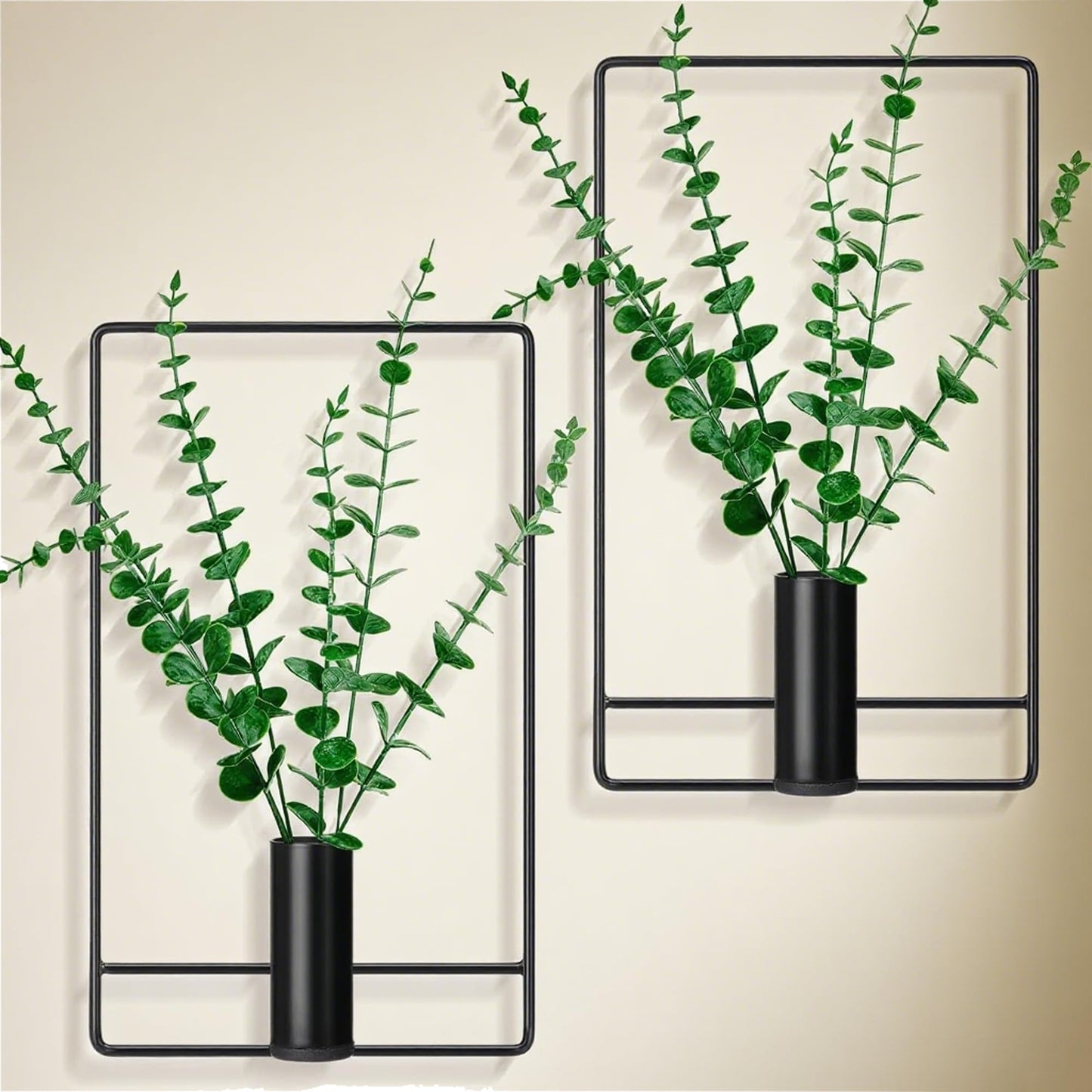 Romooa 2 Pcs Wall Decor Hanging Planters Metal Hanging Vase Black Indoor Plants Holder with 6 Pcs Traceless Hook, Wall Decor for Indoor, Outdoor, Home, Office, and Garden