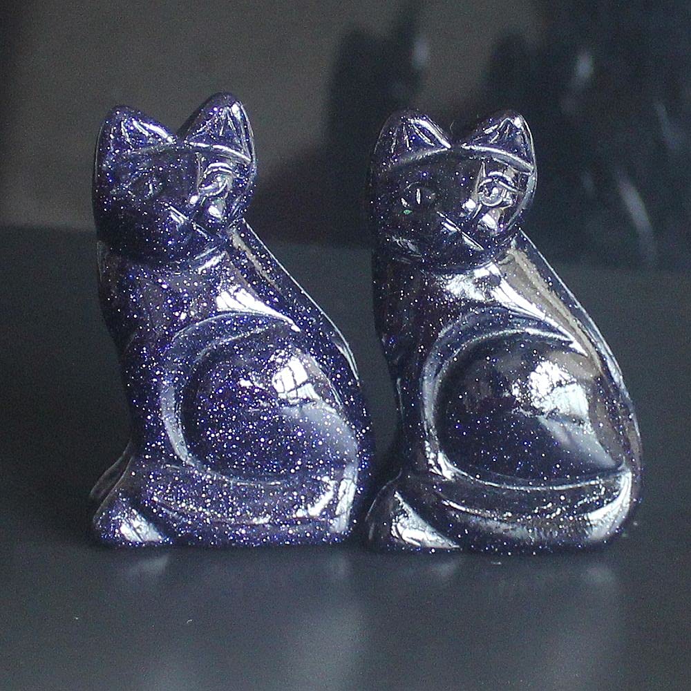 2‘’ Hand Carved Mixed Gemstone Crystal cat Figurine Animal Statue Carving Home Decor (Blue Goldstone)