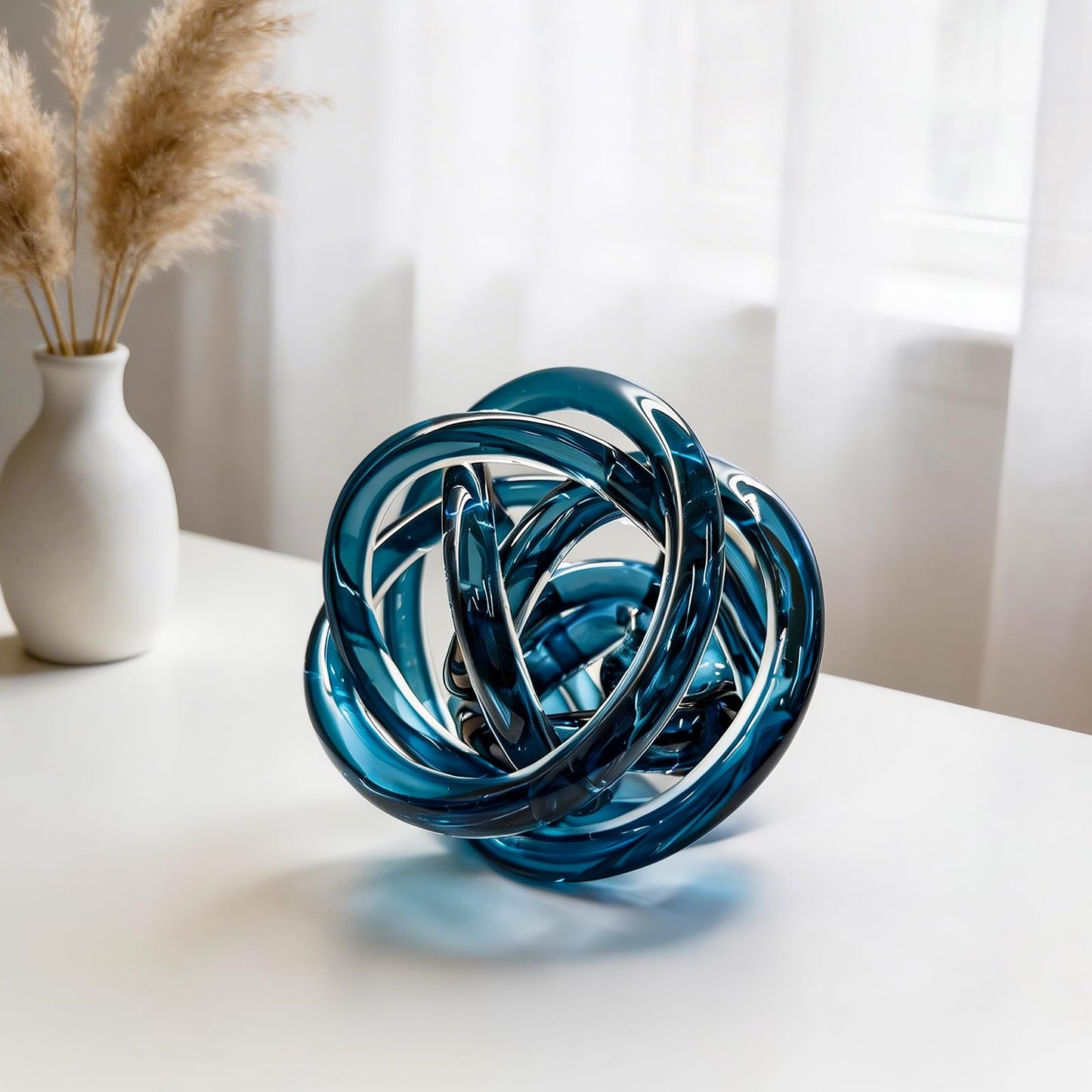 ORRFIDDY Glass Knot Teal Decor Ball - 5 Inch Hand Blown Infinity Sculpture Orbit Home Decor Table Decoration Interio Art