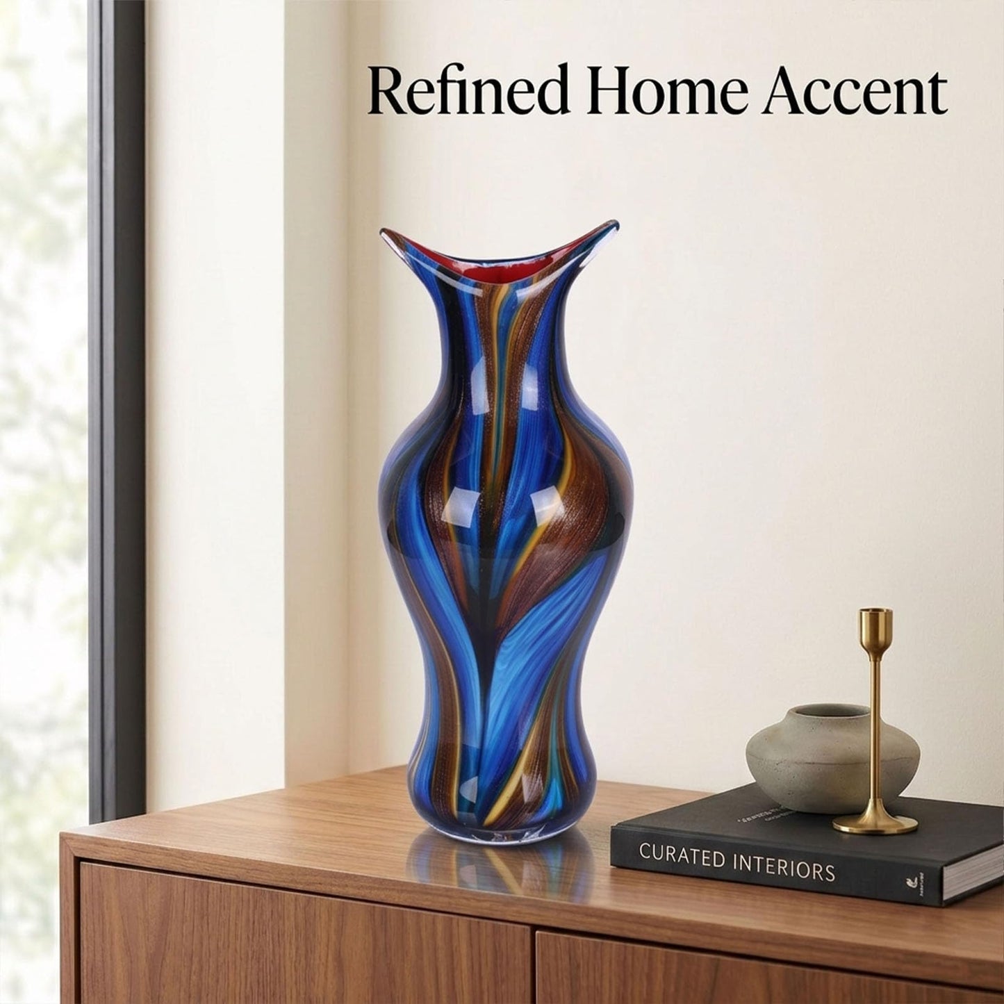 Hand Blown Glass Vase for Flowers, Modern Glass Vases Home Decor, Sculptural Decorative Centerpiece for Table, Living Room, Shelf or Entryway Display Use