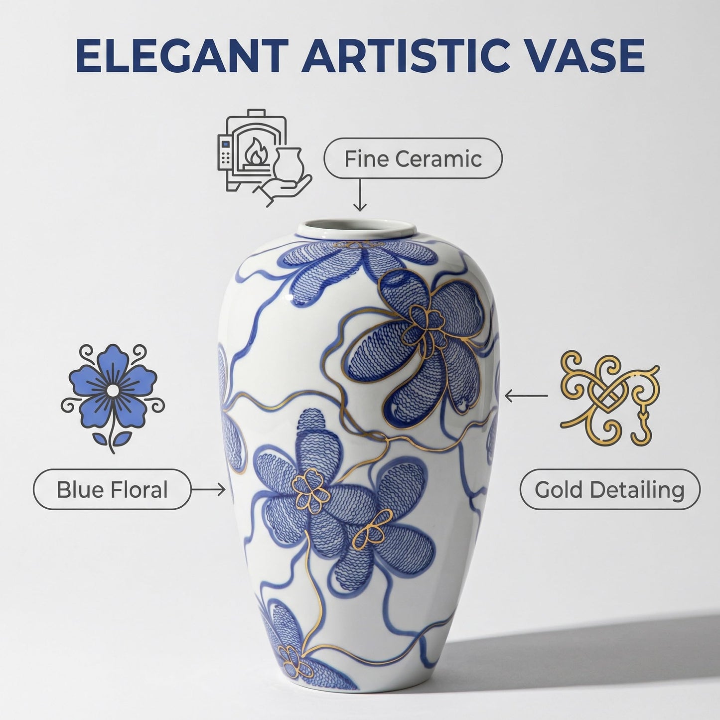Blue and White Ceramic Vase for Home Decor – Hand-Painted Porcelain Flower Vase with Gold Accents – Chinoiserie-Inspired Home Decor Vase – 11" for Table, Shelf, or Mantel