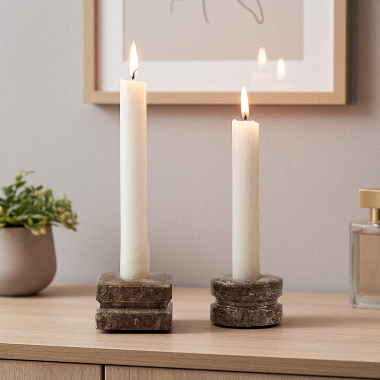 EarthenTones Marble Oceanic Candle Holder Set of 3, Handmade Natural Stone Candlestick Holders, Elegant Marble Home Décor, Modern Table Centerpiece for Living Room, Dining & Gift Decor