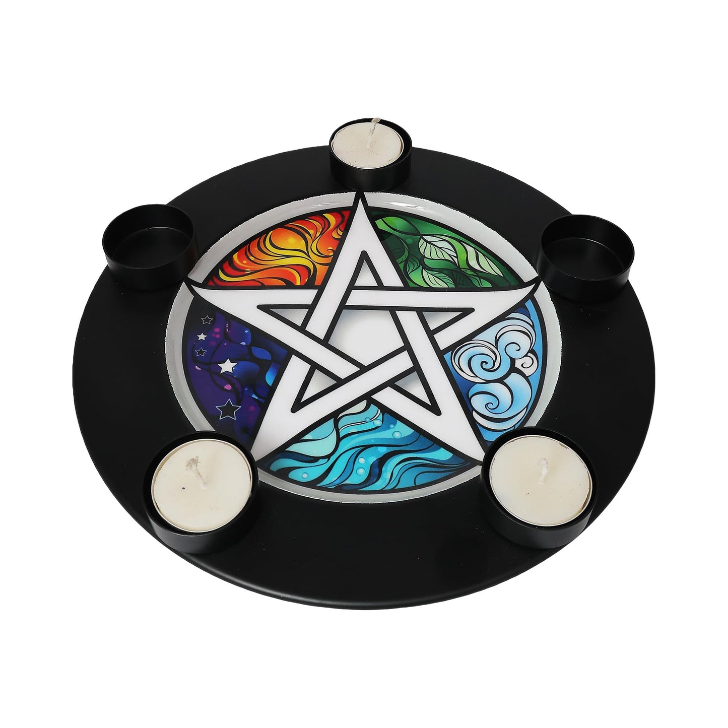 10" Metal Pentagram T-Light Plate – Holds 5 Tea Lights with Elemental Design