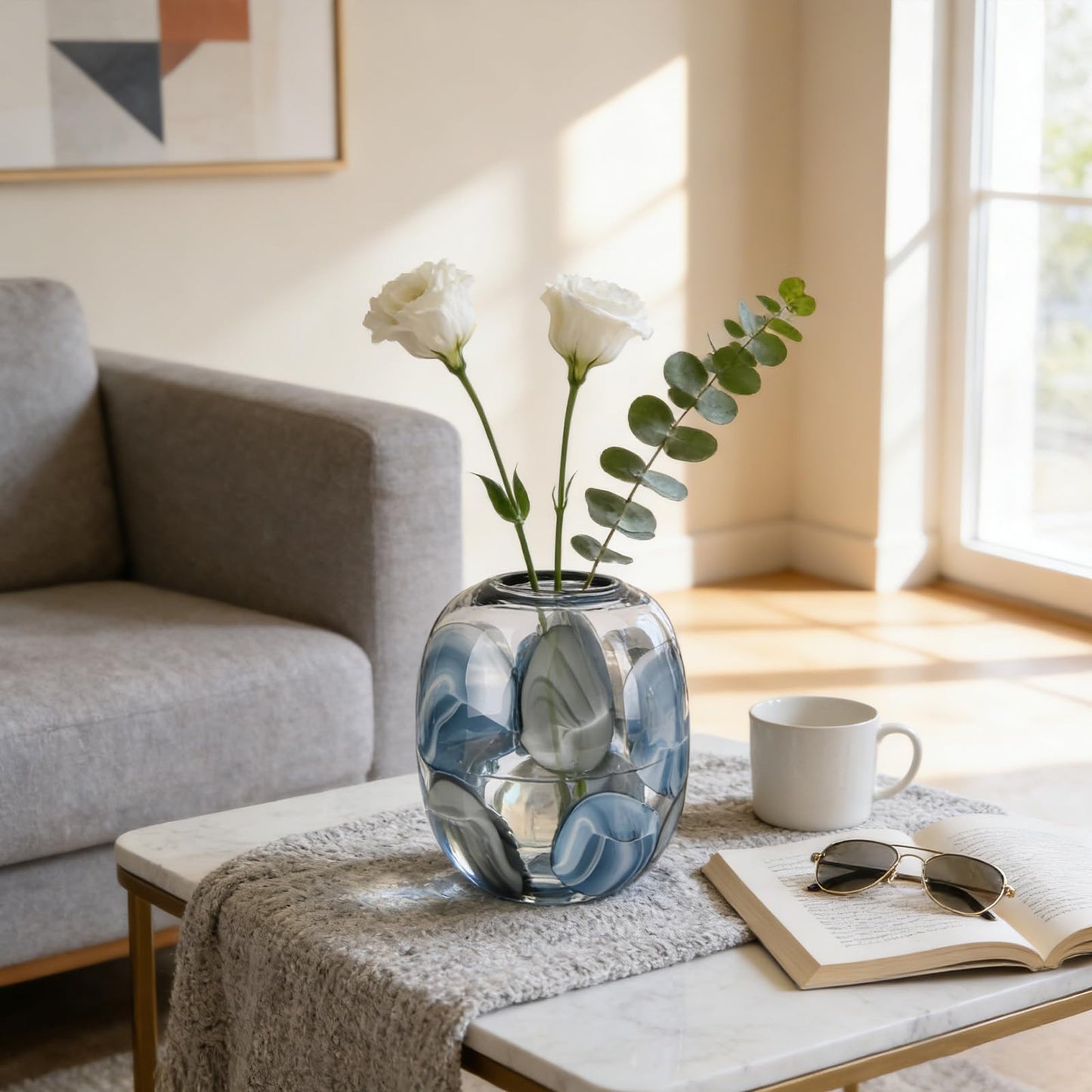 oliruim 8.4" H - Hand Blown Blue Glass Vase, Wide Mouth Round Vase for Flowers, Beautiful Modern Coastal Decor for Home Living Room Bedroom Tabletop Centerpiece (Small)