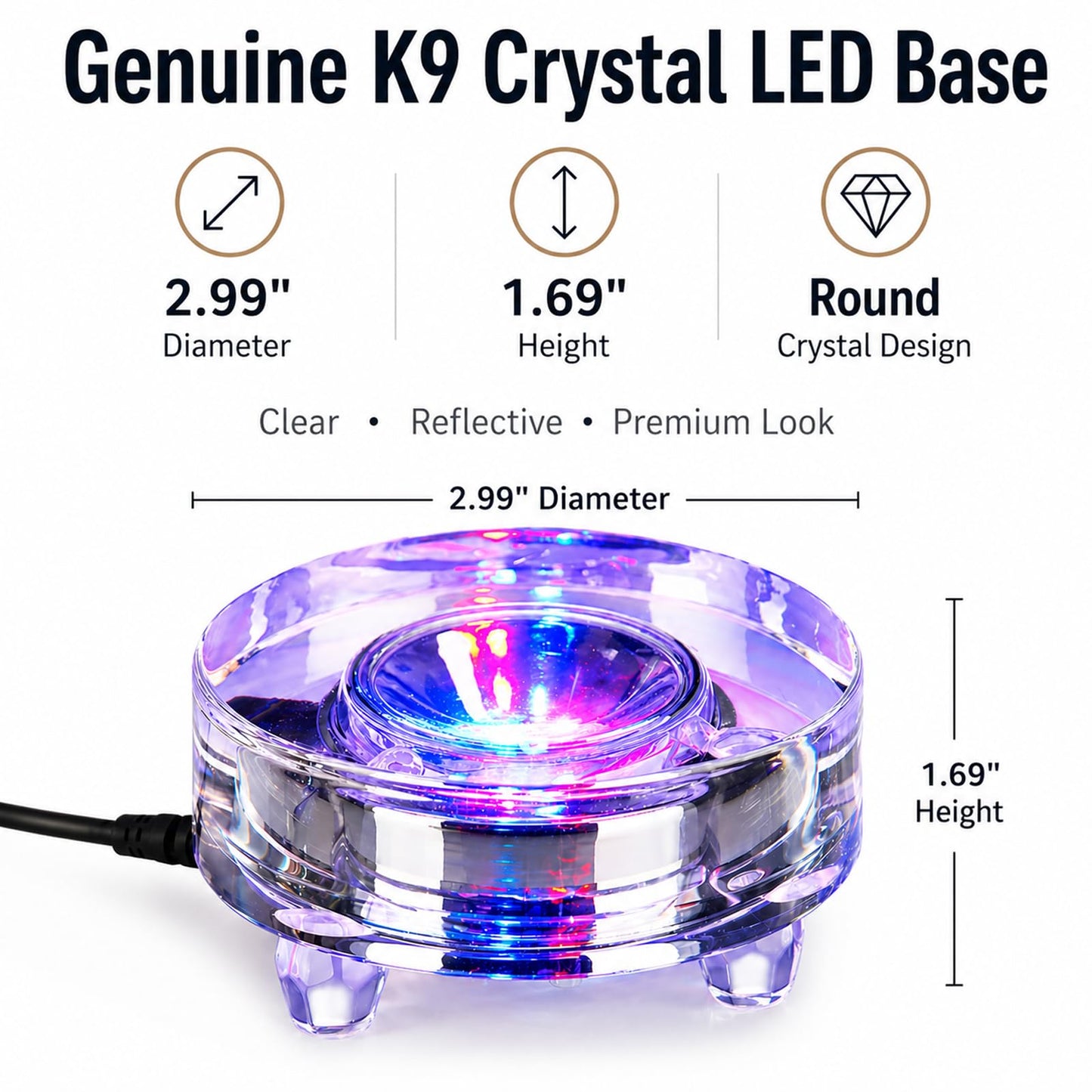 Zerelys Display Multicolor LED Light Base for 3D Crystal Glass Art, Acrylic, Figurines, 7 Color Changing Base, USB Powered (Round)