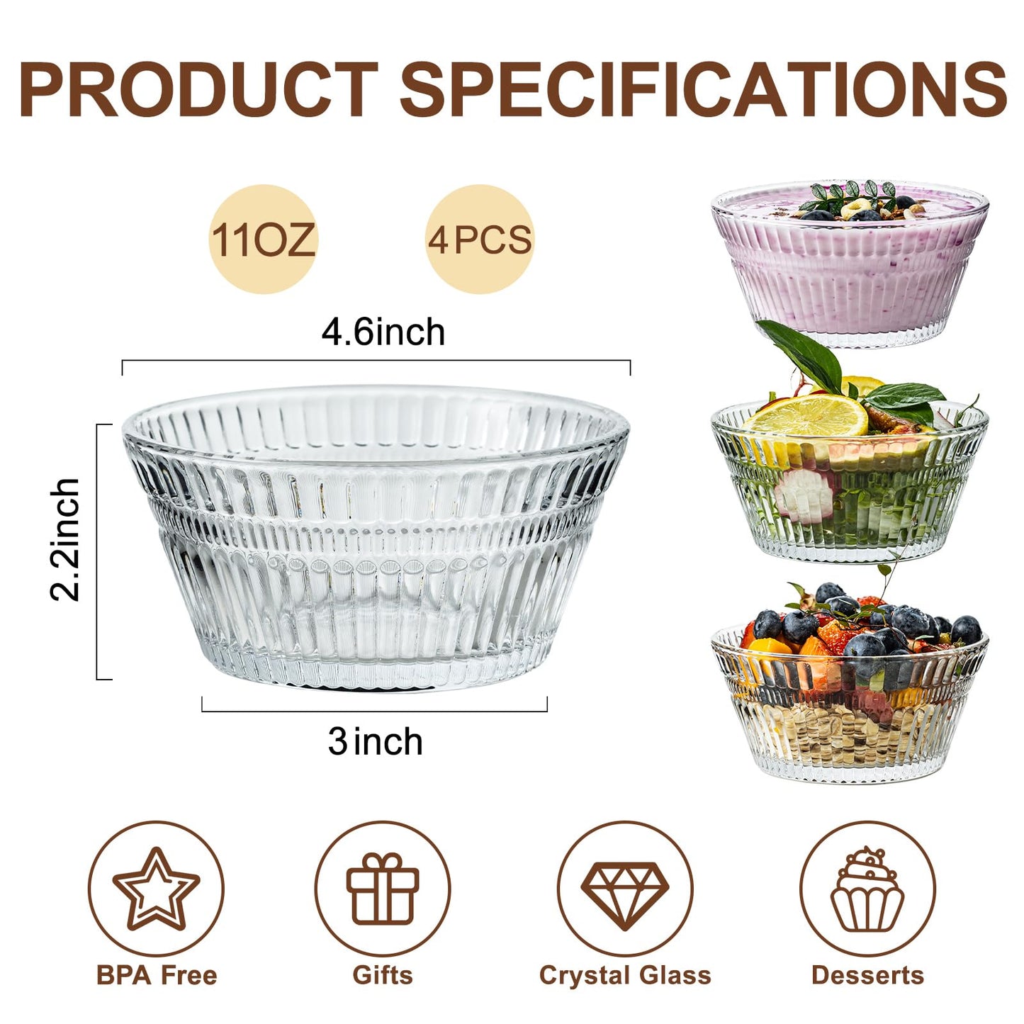 JGKYLDZ Vintage Glass Dessert Bowls, 11oz Sundae ice cream Bowl, Thickened Lead-Free Glass Bowls for Ice Cream, Fruit, Yogurt, Oat, Pudding, Appetizers & Party Snacks (4)
