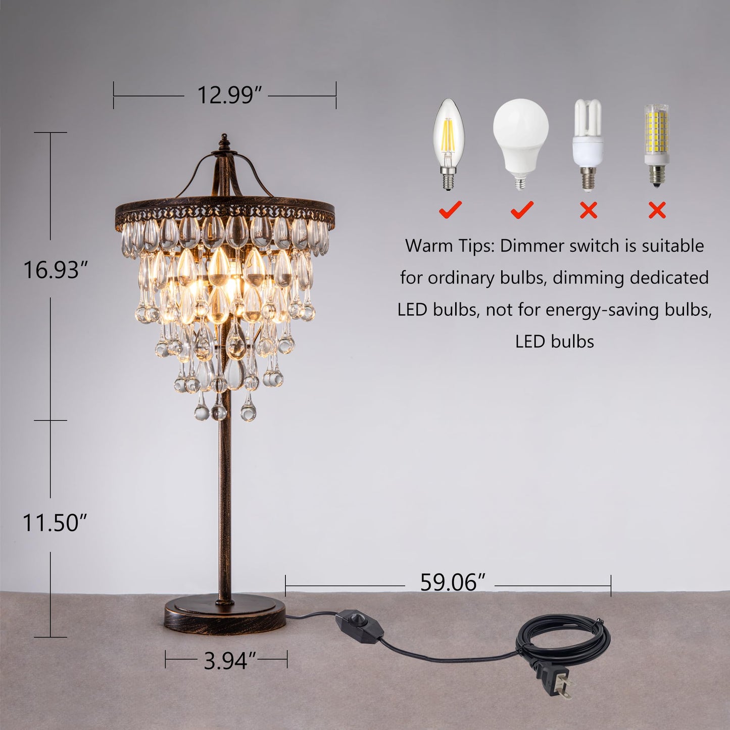 TOCHIC 3 Lights Crystal Table Lamp for Living Room, Bedside Table Lamp for Bedroom Dimmable Control, 28" Tall Bronze Antique Modern Desk Nightstand Lamp for Entryway, Staircase, Home Office