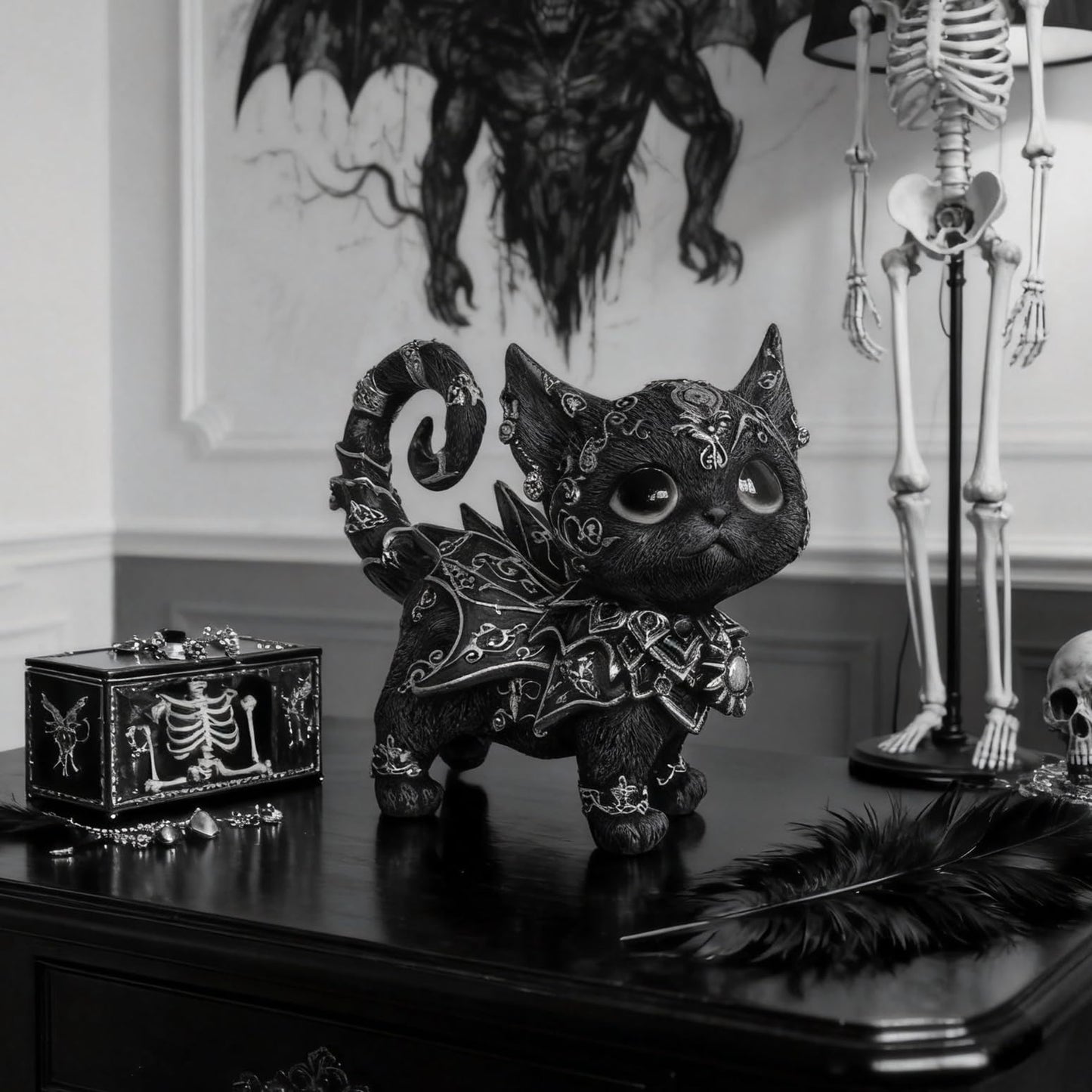 SACOJUCHY Mystical Black Cat Statue Elegant Silver Accented Kitten Sculpture Intricate Gothic Home Decor Enchanting Figurine for Cat Lovers, Witchy Aesthetic, & Unique Gifts