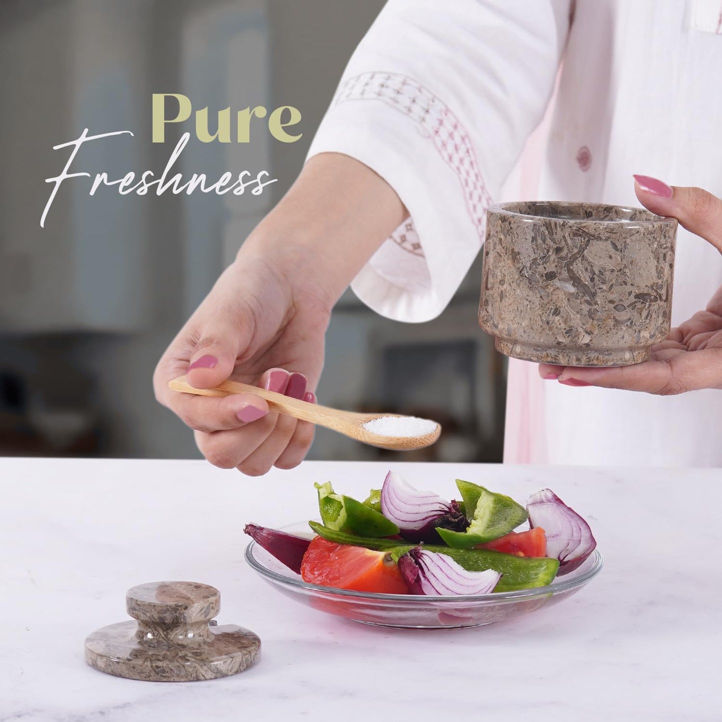 MARBLOUS KRAFTS Marble Salt Cellar with Lid 3" Oceanic Flaky Salt Bowl Kitchen Countertop Storage, Perfect for Small Spice Jar and Sugar Bowl