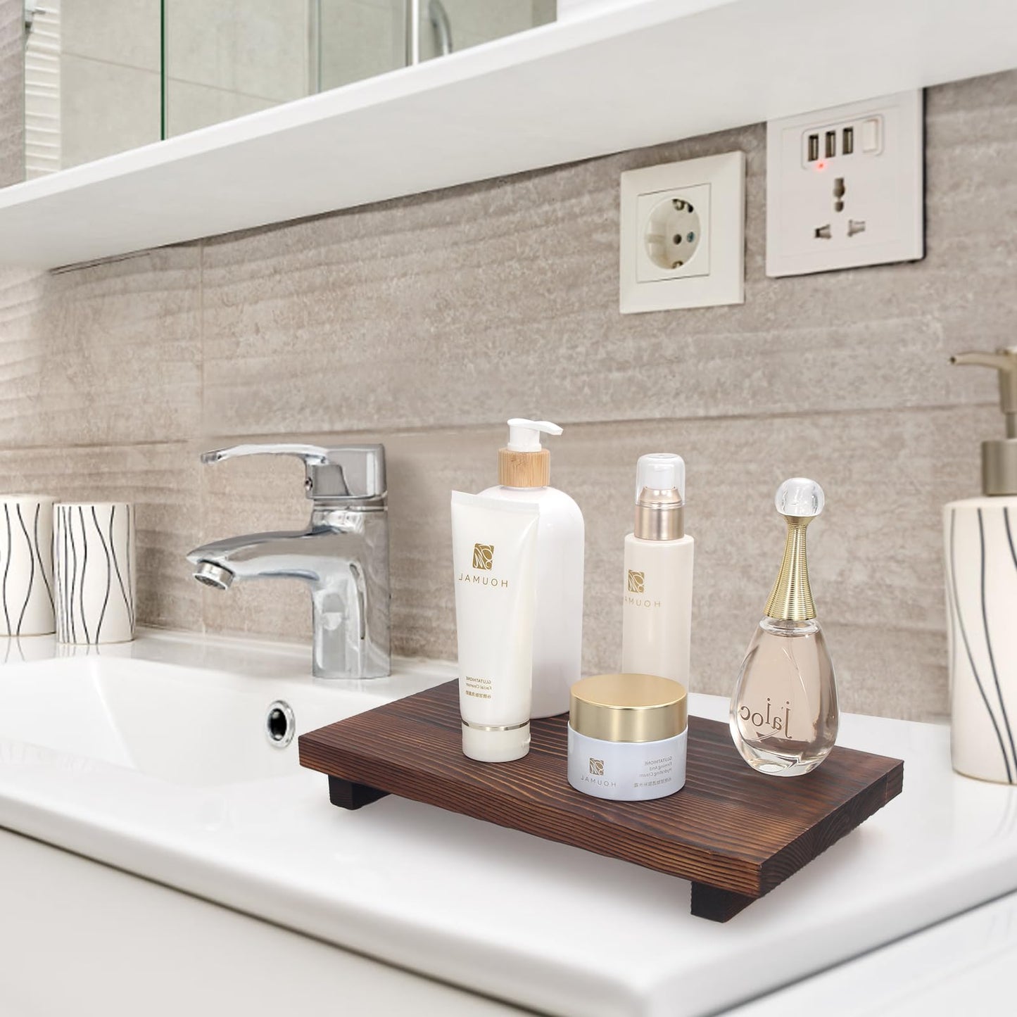 Farmhouse Bathroom Tray Organizer Wooden Riser Stand Wood Trays for Kitchen Counter Decor Pedestal Dish Soap Dispenser Holder Kitchen Sink Tray Modern Bathroom Vanity Accessories Decorative Trays