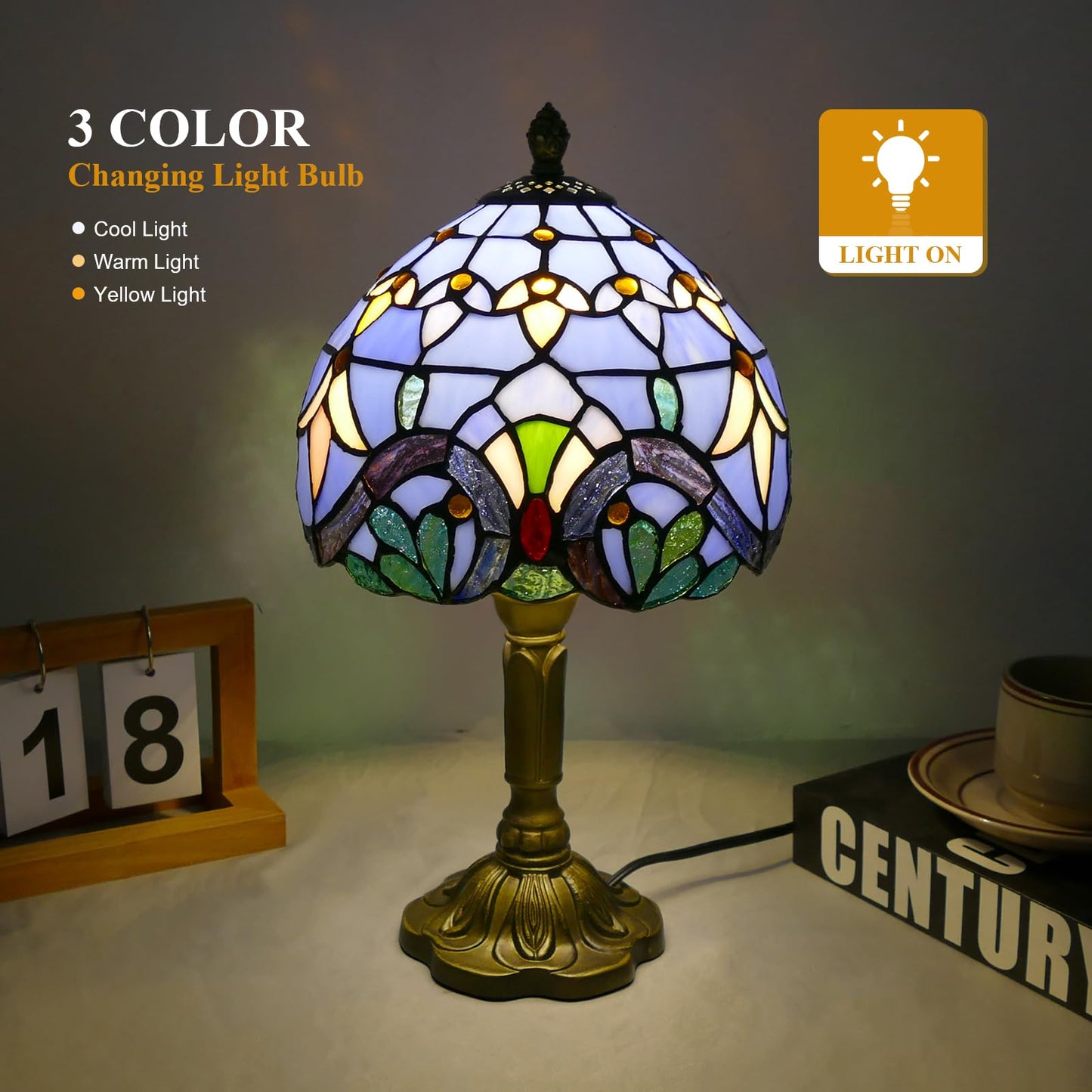 VirtueKing Tiffany Table Lamp Blue Baroque Handmade Stained Glass Desk Lamps 8" Wide 15" Tall Vintage Reading Lamp for Office, Living Room, Bedroom, LED Bulb Included