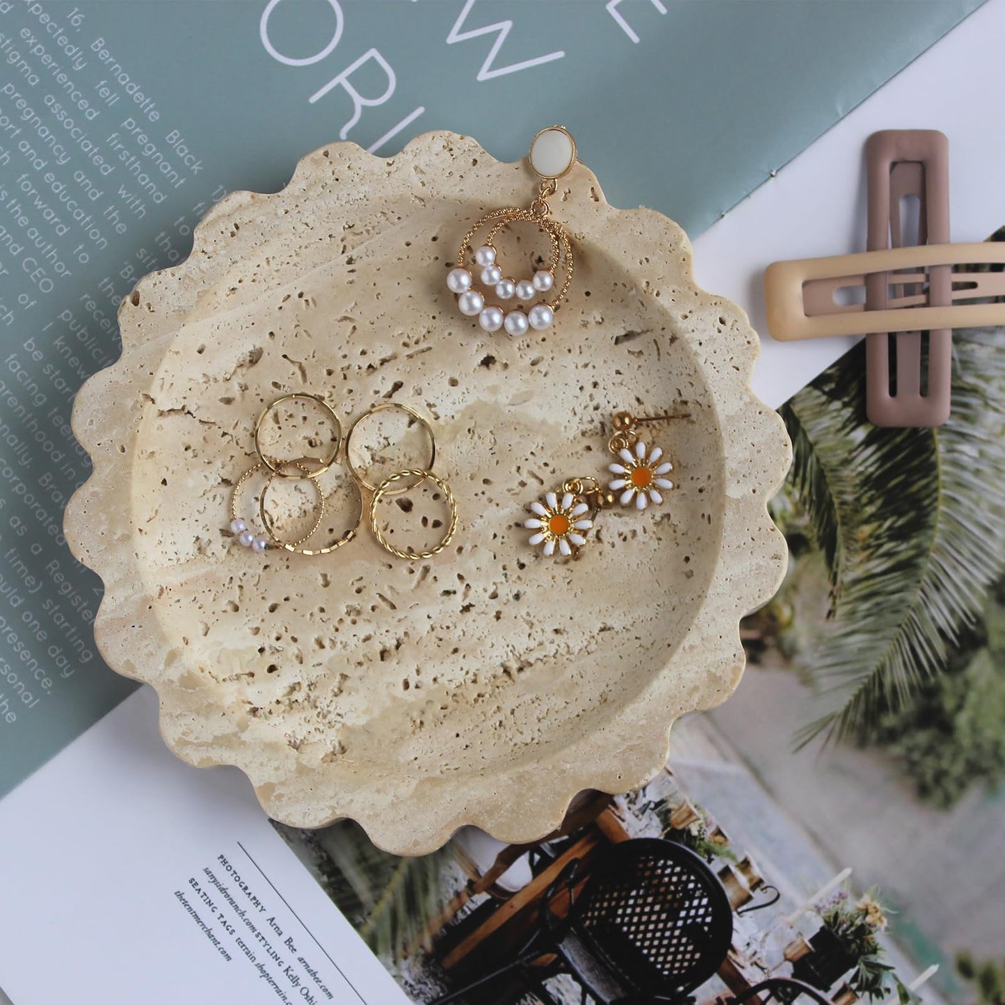 Natural Small Travertine Scalloped Edge Tray 6.3", Marble Jewelry Dish, Trinket Tray for Women Gift