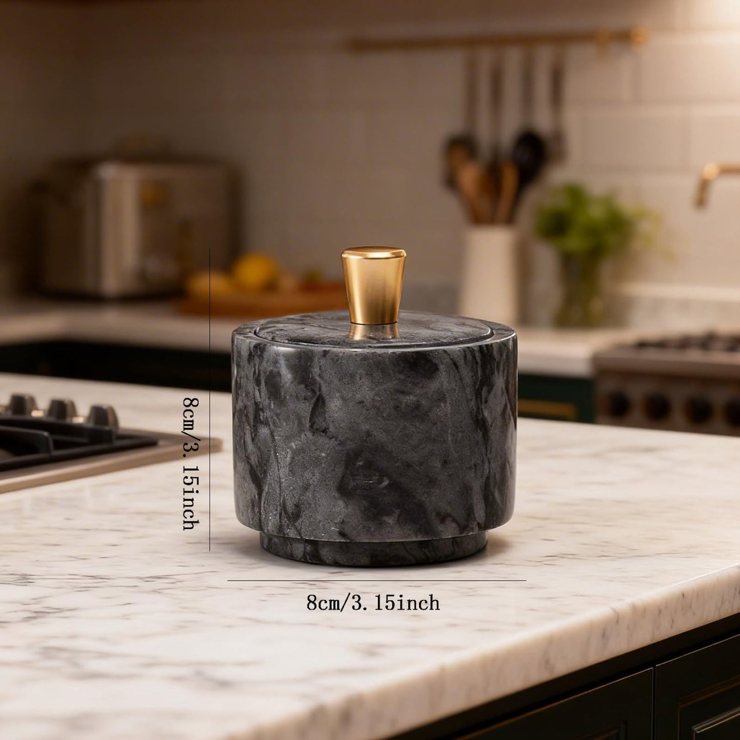 QISENMOR Marble Salt Cellar with Lid and Brass Knob 3.15" Spice box Salt Container Seasoning Jar for Kitchen tone Salt Holder for Counte-Ideal for Sea Salt, Spices and Herbs (White) (Black)