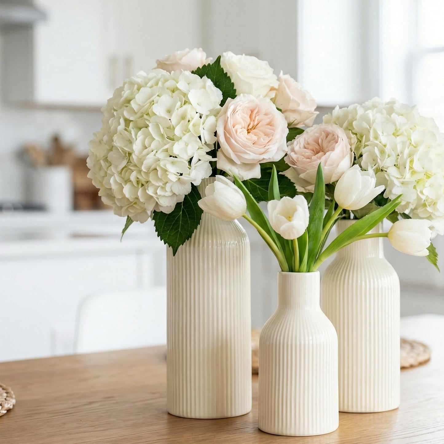 TrendEcoHome Beige Ceramic Flower Vases Set of 3, Modern Smooth Ribbed Texture, Nordic Minimalist Decor for Pampas, Dried & Fresh Flowers, Centerpiece for Living Room, Shelf, Entryway, Wedding