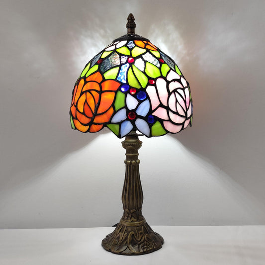 XPHMXP Small Tiffany Table Lamp 8 Inch Tiffany Style Desk Lamp Stained Glass Antique Light Decoration Bedroom Bedside Lamp Retro Reading Lamps (Yellow Pink Roses Style)
