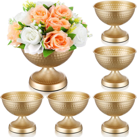 Yiyiring 6 Pcs Gold Urn Vases for Centerpieces 6 Inch Hammered Compote Bowl Vases Set for Wedding Vintage Metal Vase Table Decoration with Anti-Slip Mat for Christmas Anniversary Party