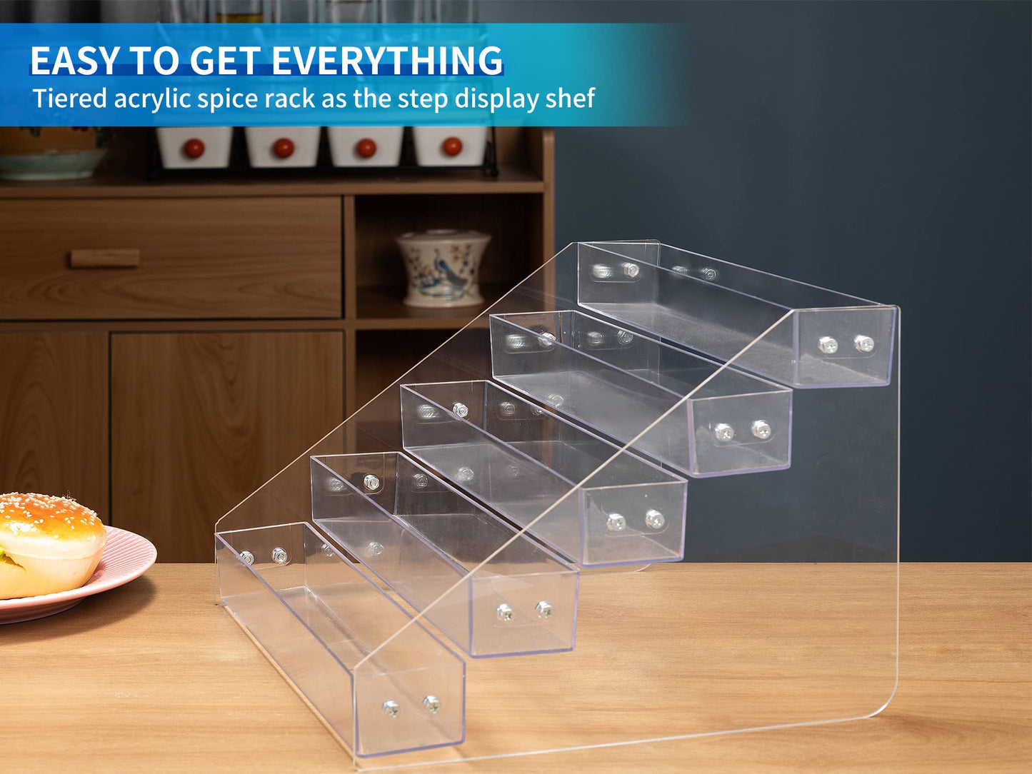 Kihor Acrylic Spice Rack, Tiered Spice Rack Shelf Seasoning Organizer for Countertop, Cabinet, Pantry, Kitchen Storage - 5 Tier, 2PCS