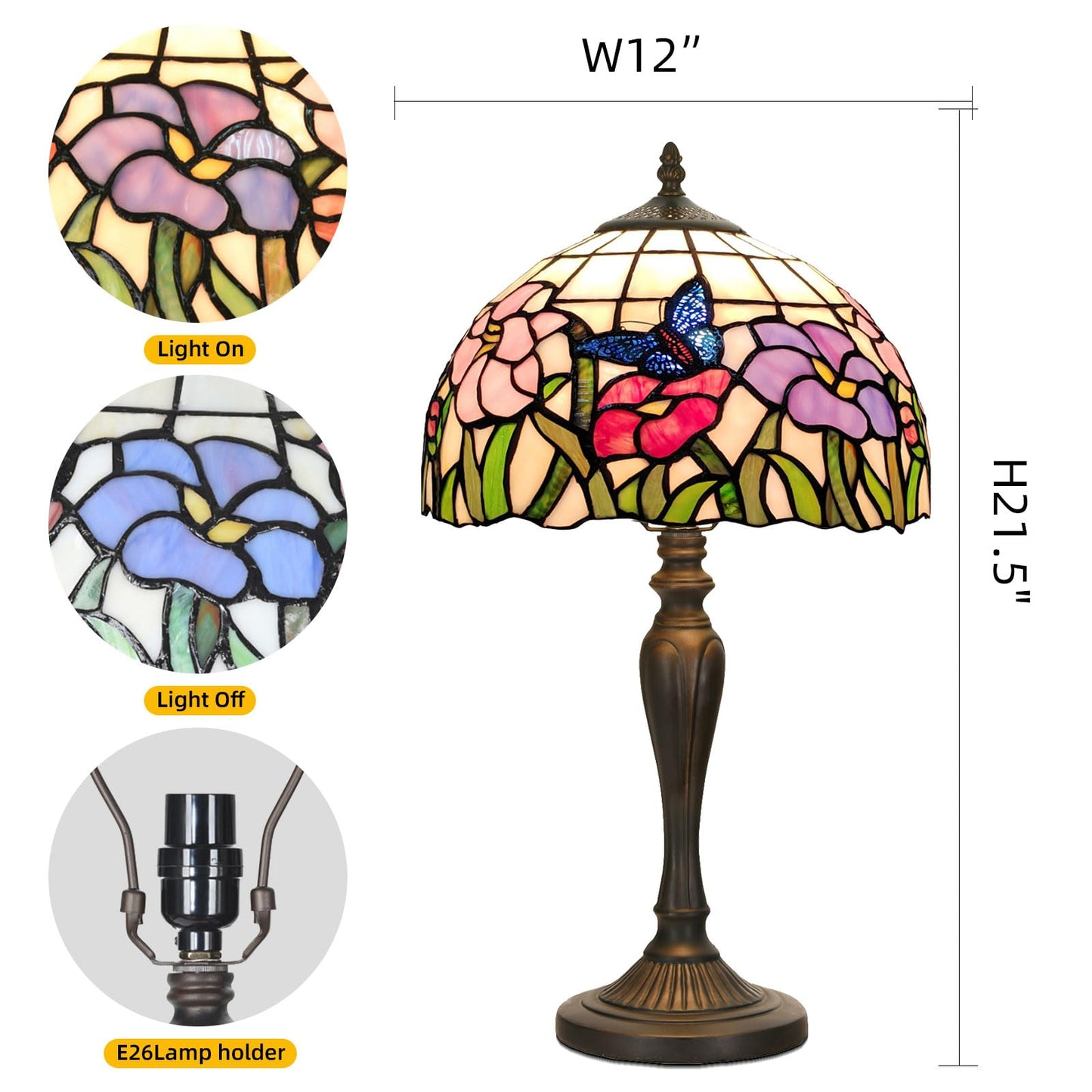 HomeBeauty TL0001 Tiffany Table Lamp Handmade Stained Glass Flowers Butterfly Design Lampshade Reading Desk Light 12X21.5 Inches for Bedroom Living Room Home Office,LED Bulb Included