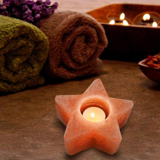 HL Himalayan Rock Salt Handcrafted Candle Holder Shaped Classic Design, Idea for Home Decore & Wellness (Star HL)
