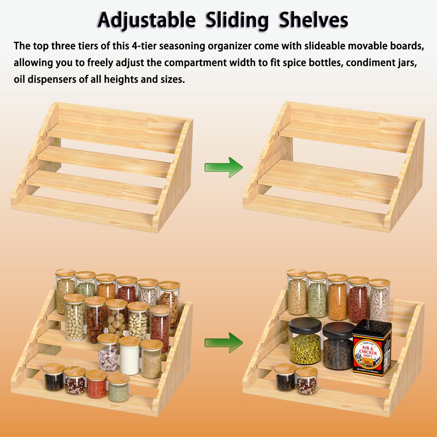 Solid Wood Spice Rack Organizer for Countertop & Cabinet, 4 Tier Adjustable Wooden Spice Shelf with Sliding Track, Premium Step Seasoning Bottle Holder for Kitchen, Pantry, Office, Natural Wood Color