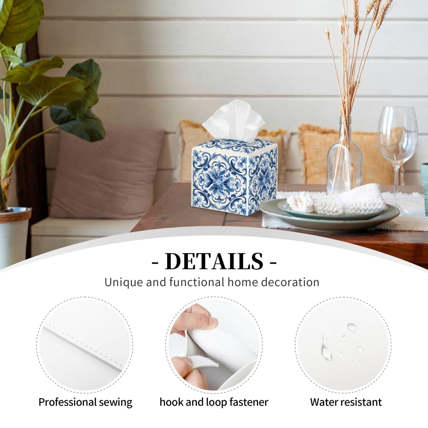YPPAHHHH Square Tissue Box Cover Blue Boho Flower Retro Ceramic Cube Tissue Holder Cover Pu Leather Tissue Box Holder for Office Kitchen Car Bathroom Facial Paper Organizer Dispenser Covers