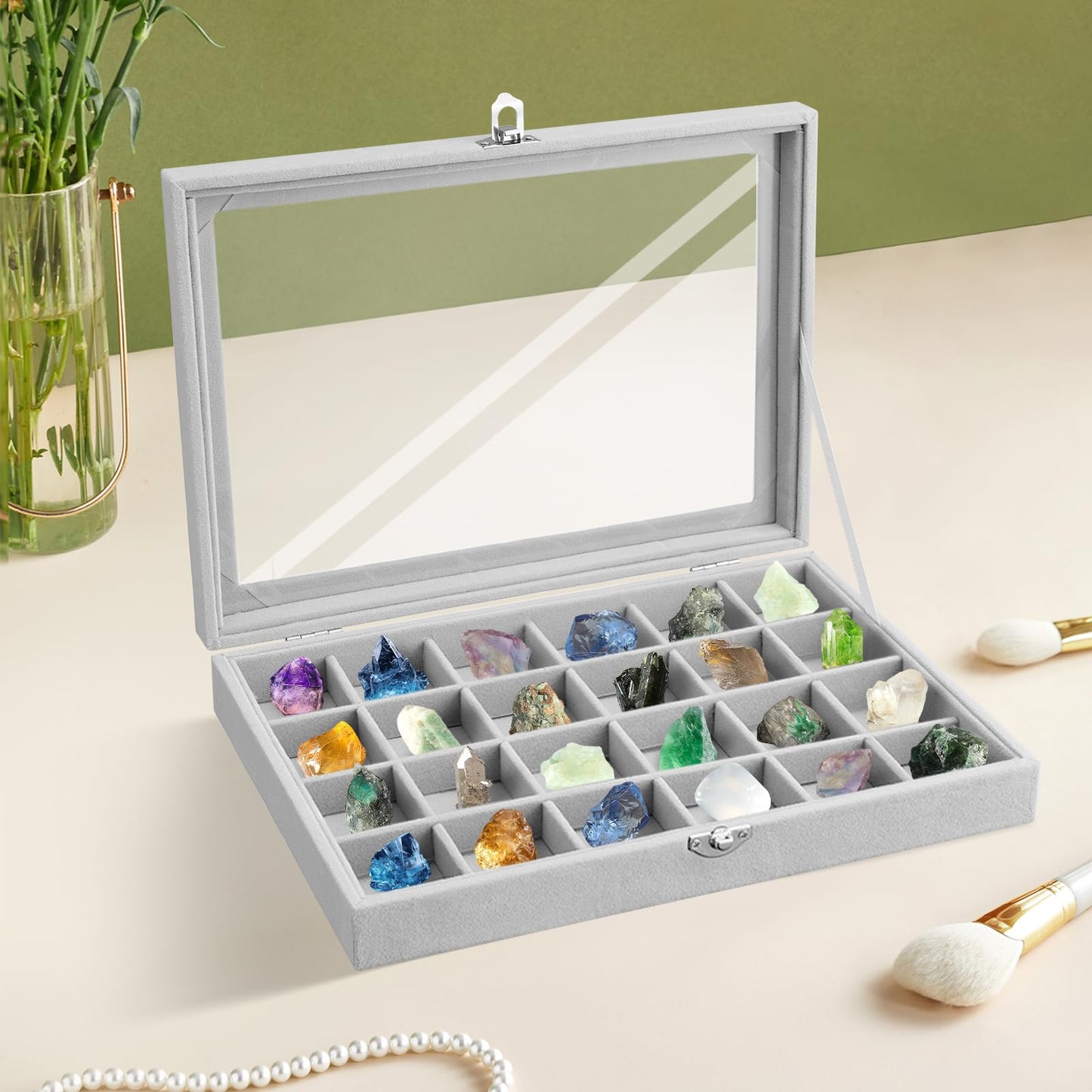 DOODLREAM 3PCS Grey Rock Display Boxes with Clear Glass Lid, 24-Slot Large Flocking Lined Rock Crystal Storage Organizer Case, 11.14x8x1.81 Inch Earring Tray & Ring Holder, Jewelry Showcase
