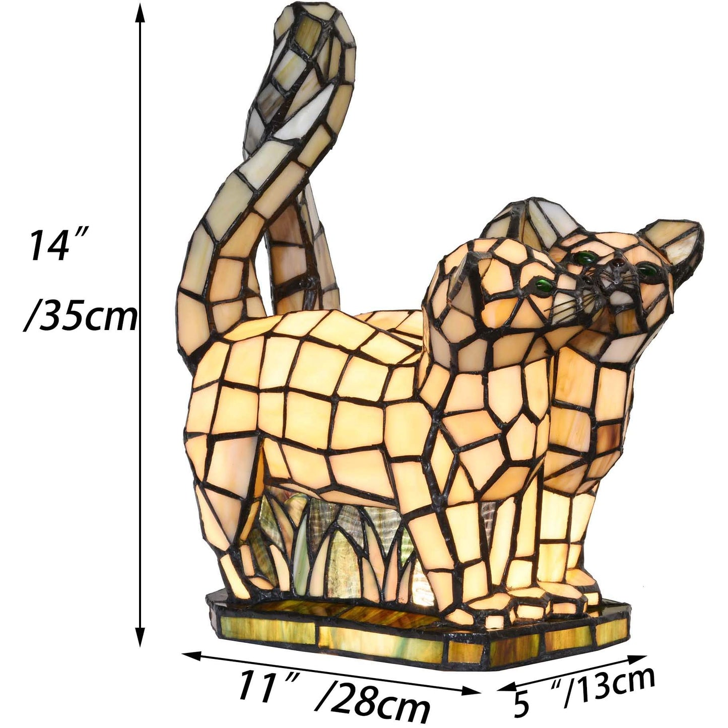 Bieye L10771 Cats in Love Tiffany Style Stained Glass Accent Table Lamp Night Light for Home Decoration (Two Cats, Yellow)