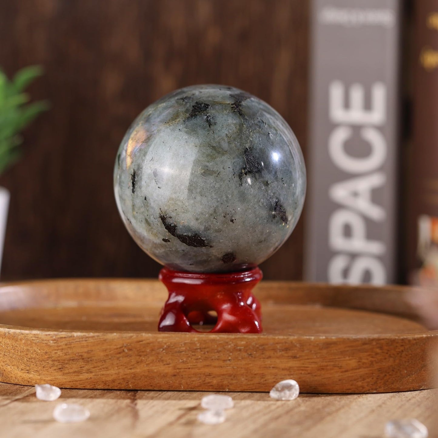 Rockcloud Natural Labradorite Crystal Ball with Resin Stand, Polished Crystal Sphere Decorative Ball Sculpture Figurine for Meditation Fengshui Home Decor, 2.40-2.75 Inches