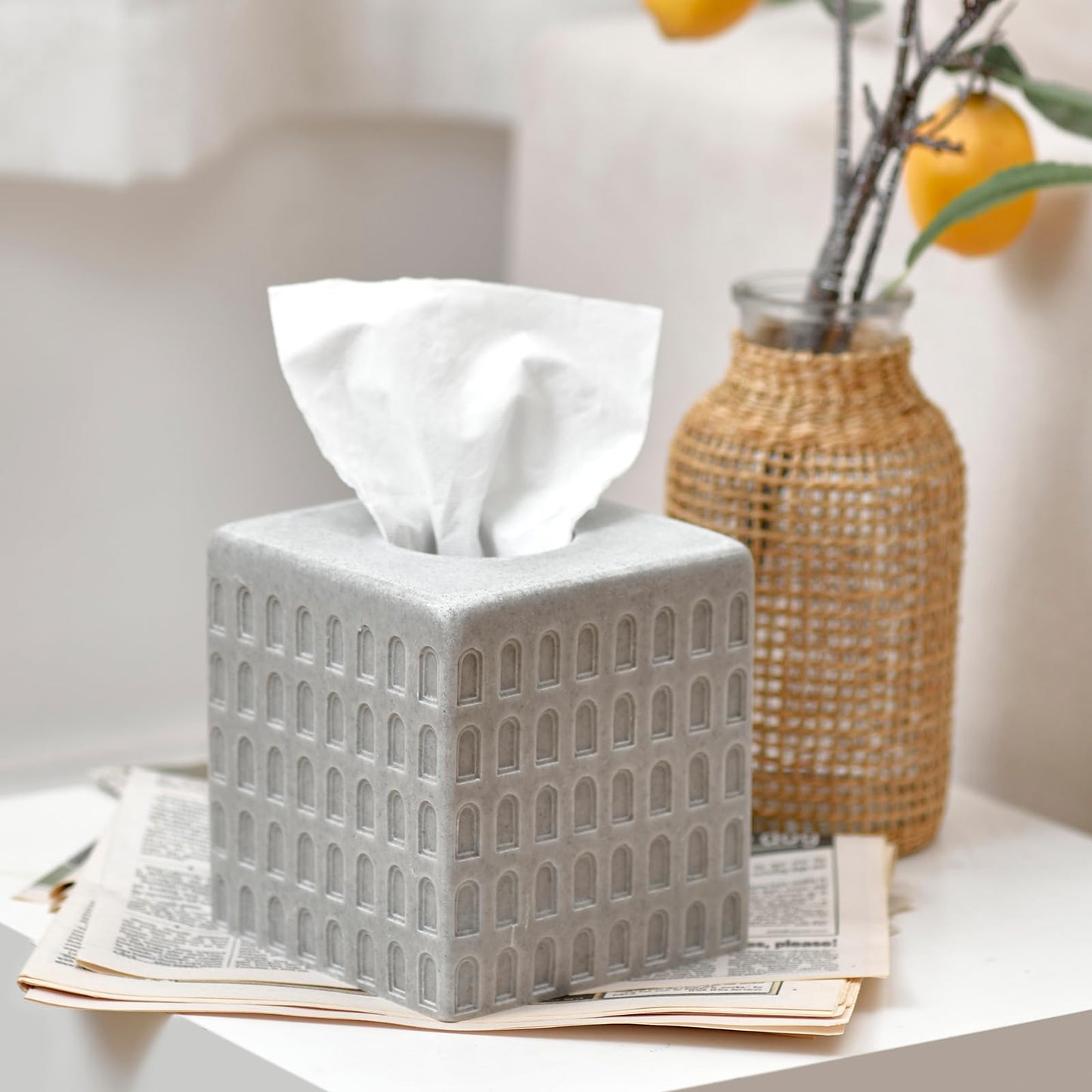 Colosseum Tissue Box Cover,Square Tissue Box Holder for Home Decor,Bathroom Countertop,Tabletop,Bedside Table,Office - Marble Grey