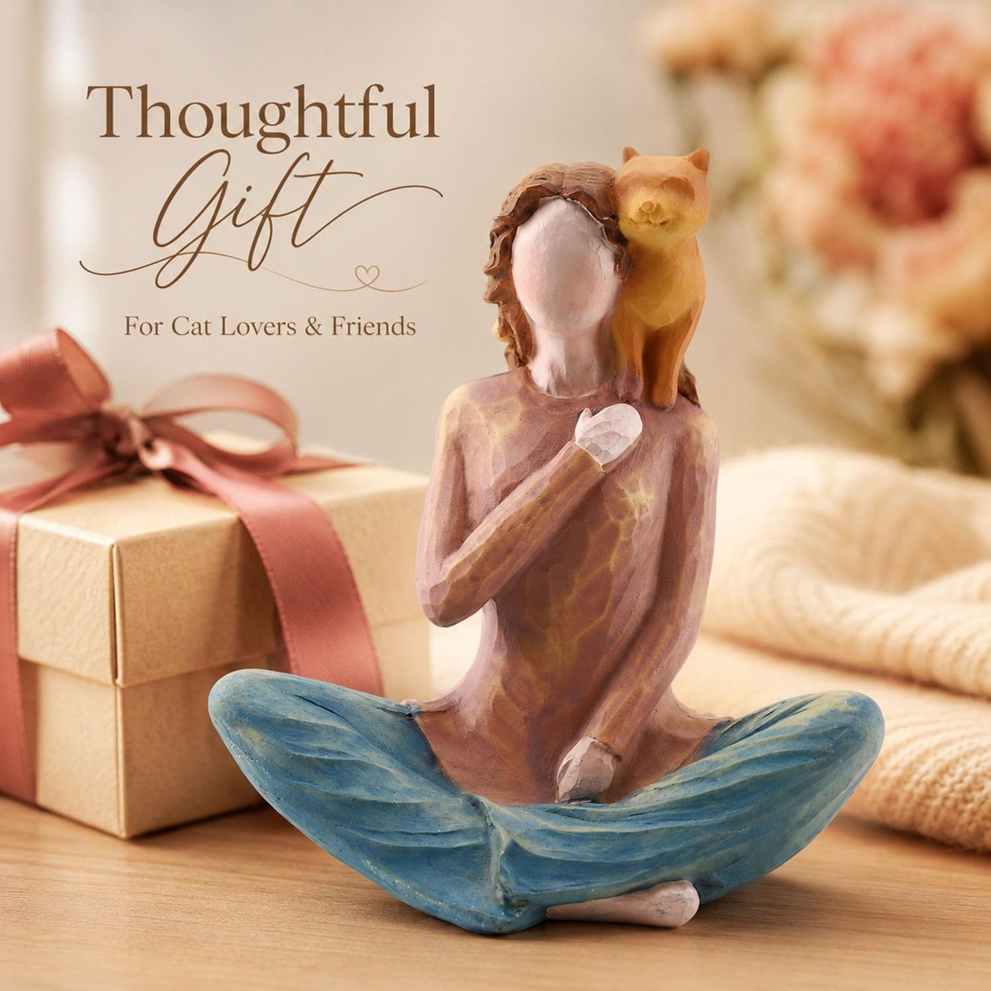 Yoga Girl with Cat Figurine, 5.1" Shelf Decor, Gift for Cat Lovers