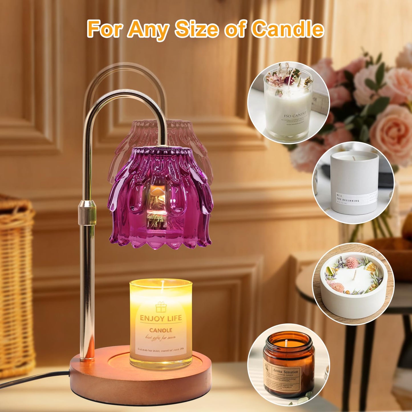 Flyzenvibe Candle Warmer Lamp with Timer & Dimmer, Birthday Gifts for Women Mom, 4-Level Dimmable Flower Heat Lamp for Jar Candles, Adjustable Height, House Warming Gifts, Home Decor (Purple