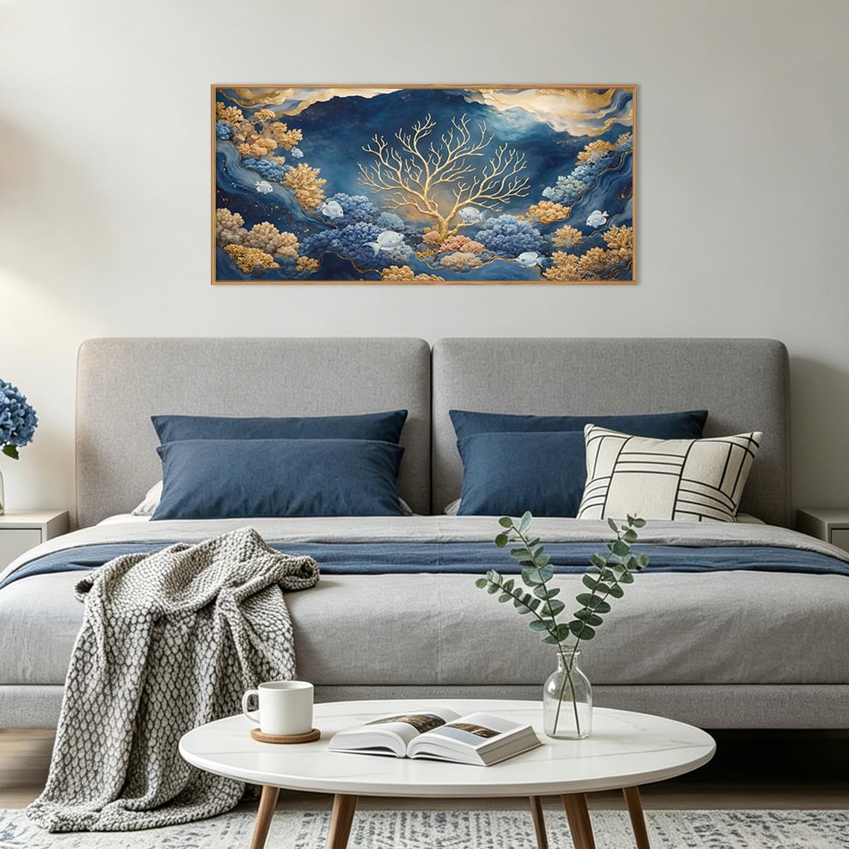 HPNIUB Blue Dreamy Underwater Framed Canvas Wall Art 40"x20"