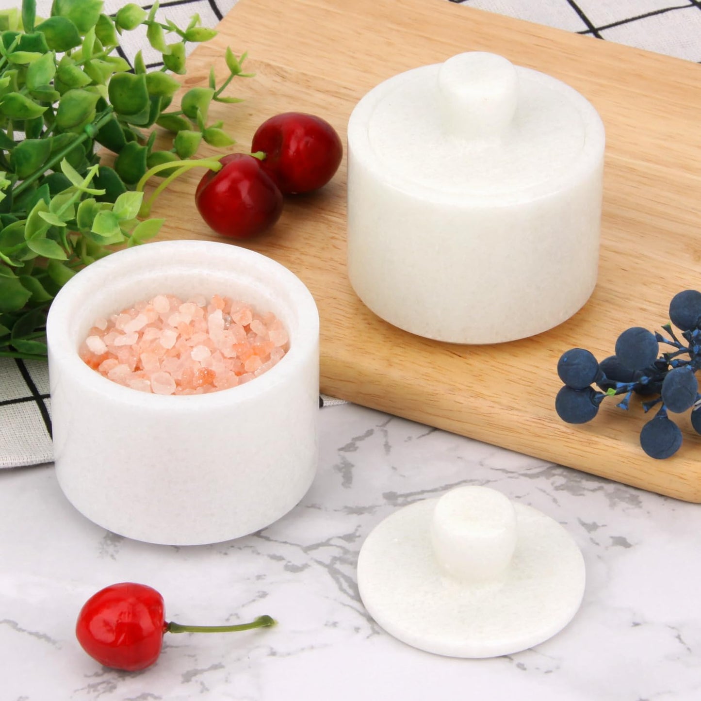 HESHIBI Marble Salt Cellar with Lid, Stone Salt or Pepper Bowl Box Container Jar Holder Well Keeper Dish Pig Crock (Solid White)