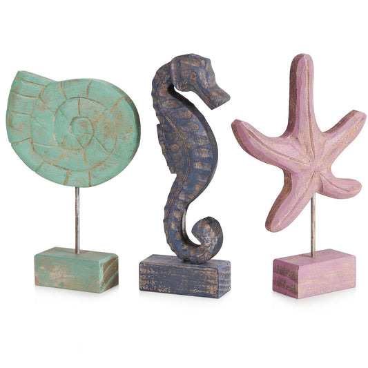 Exttlliy 3pcs Wood Handmade Beach Nautical Style Figurines Starfish/Conch/Seahorse Statue Home Decor (Multicolor)
