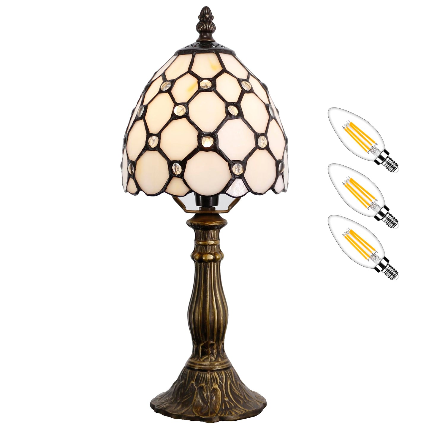 SYETL Small Tiffany Lamp Stained Glass Mini Accent Table Lamp Desk Memory Lamp Sympathy 6X14.6 Inch (Cream Pearl Bead Style)